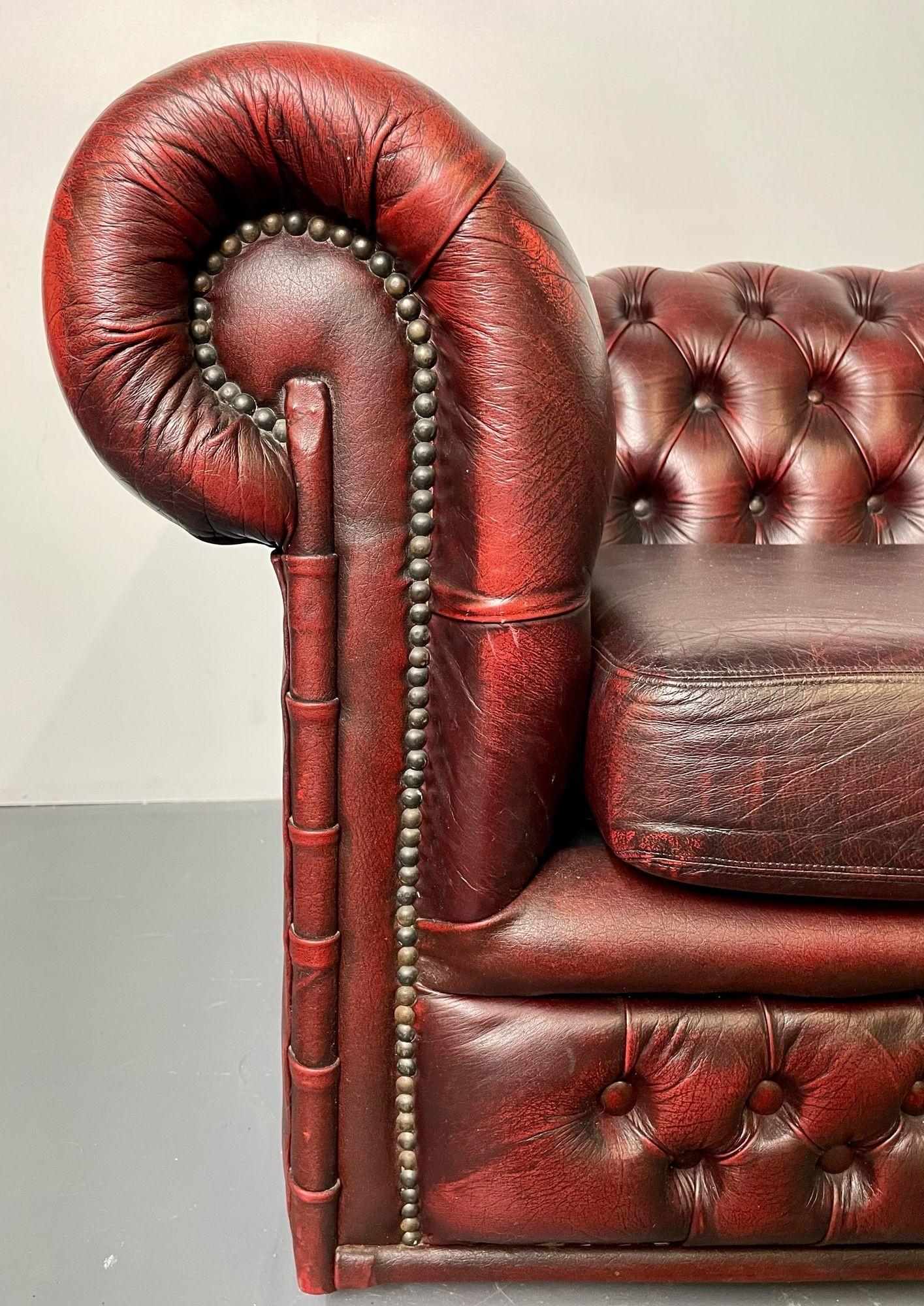 Georgian Oxblood Leather Chesterfield Sofa, Settee Faux Bamboo Front, Tufted 6