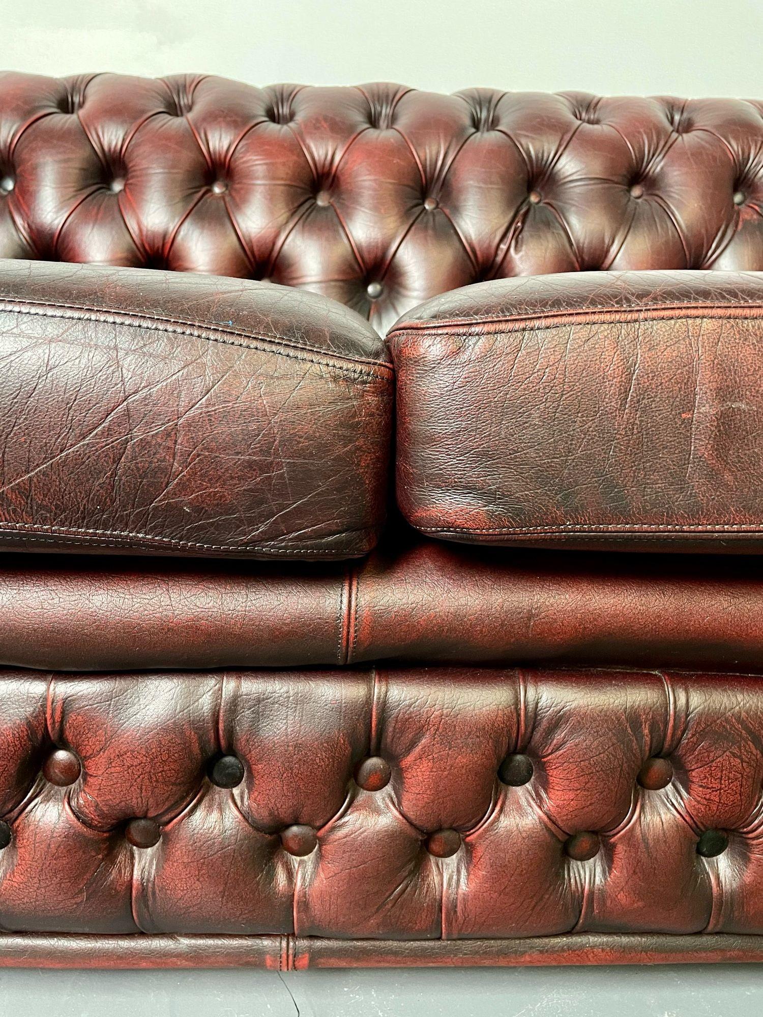 Georgian Oxblood Leather Chesterfield Sofa, Settee Faux Bamboo Front, Tufted 7