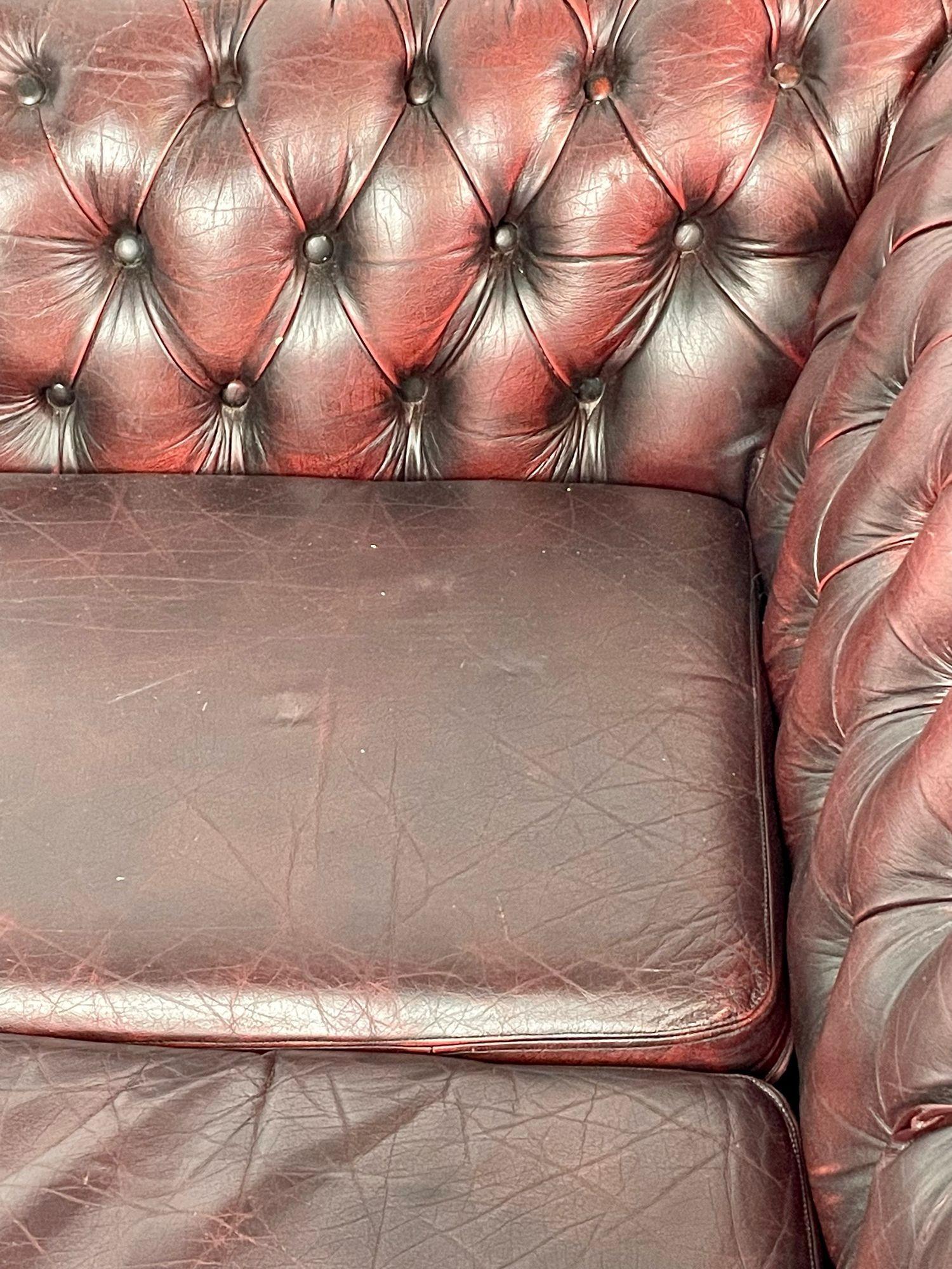 Georgian Oxblood Leather Chesterfield Sofa, Settee Faux Bamboo Front, Tufted 8