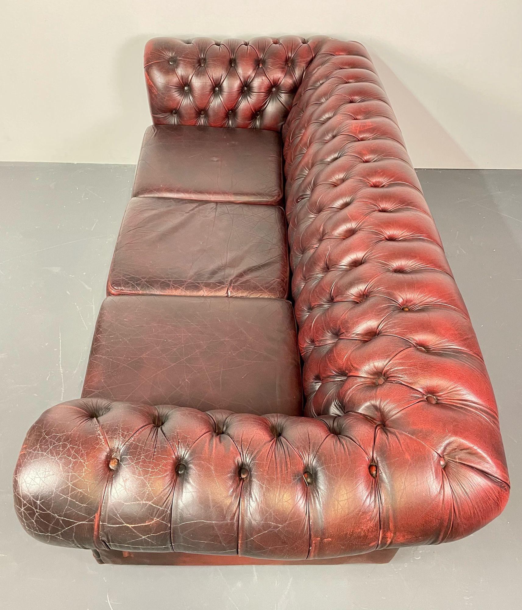 Georgian Oxblood Leather Chesterfield Sofa, Settee Faux Bamboo Front, Tufted 12