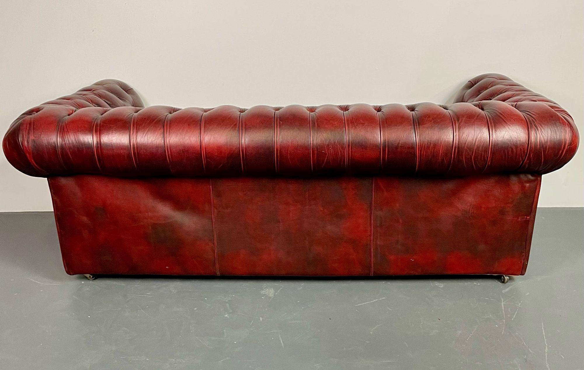 Georgian Oxblood Leather Chesterfield Sofa, Settee Faux Bamboo Front, Tufted 14