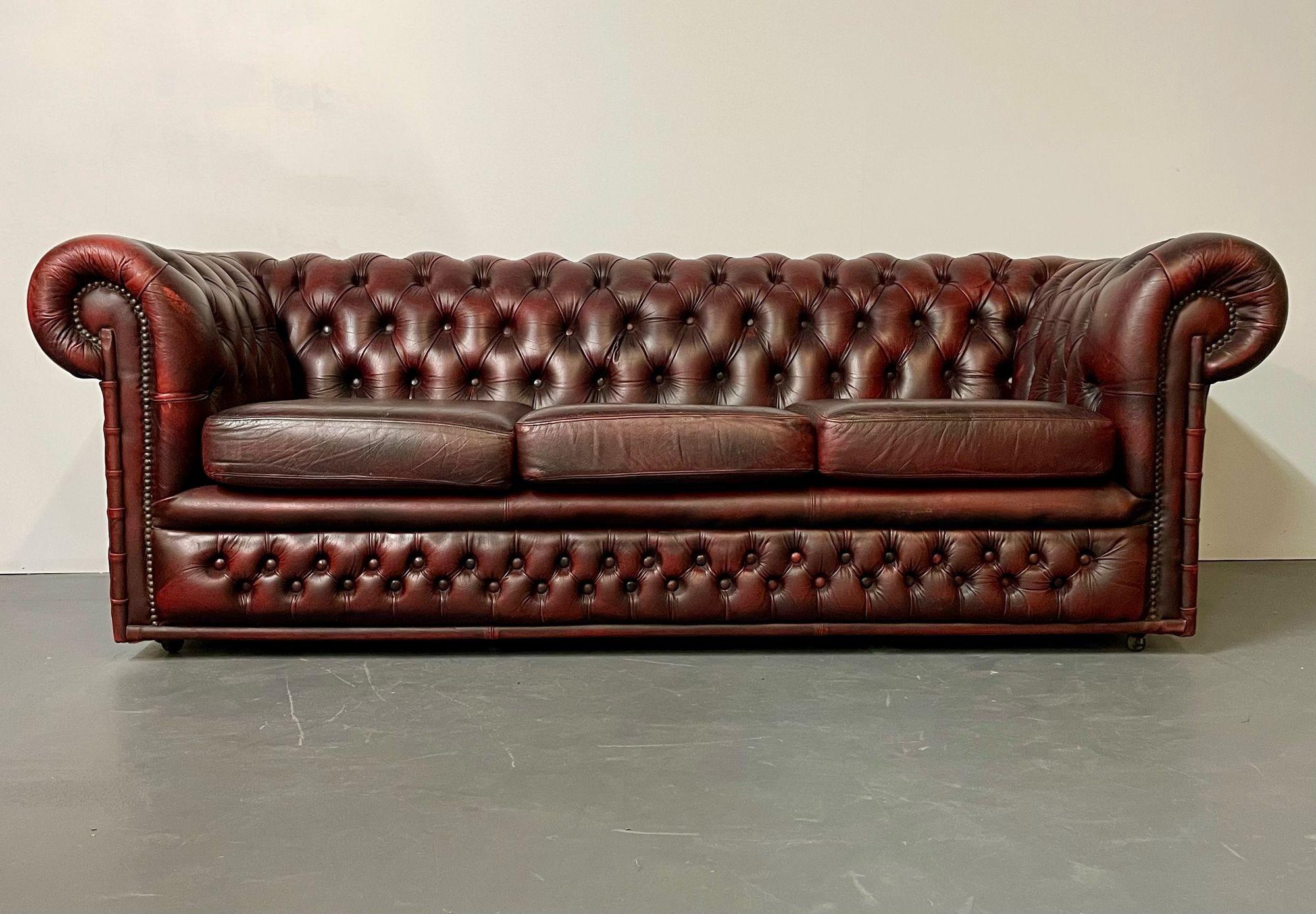 Mid-20th Century Georgian Oxblood Leather Chesterfield Sofa, Settee Faux Bamboo Front, Tufted