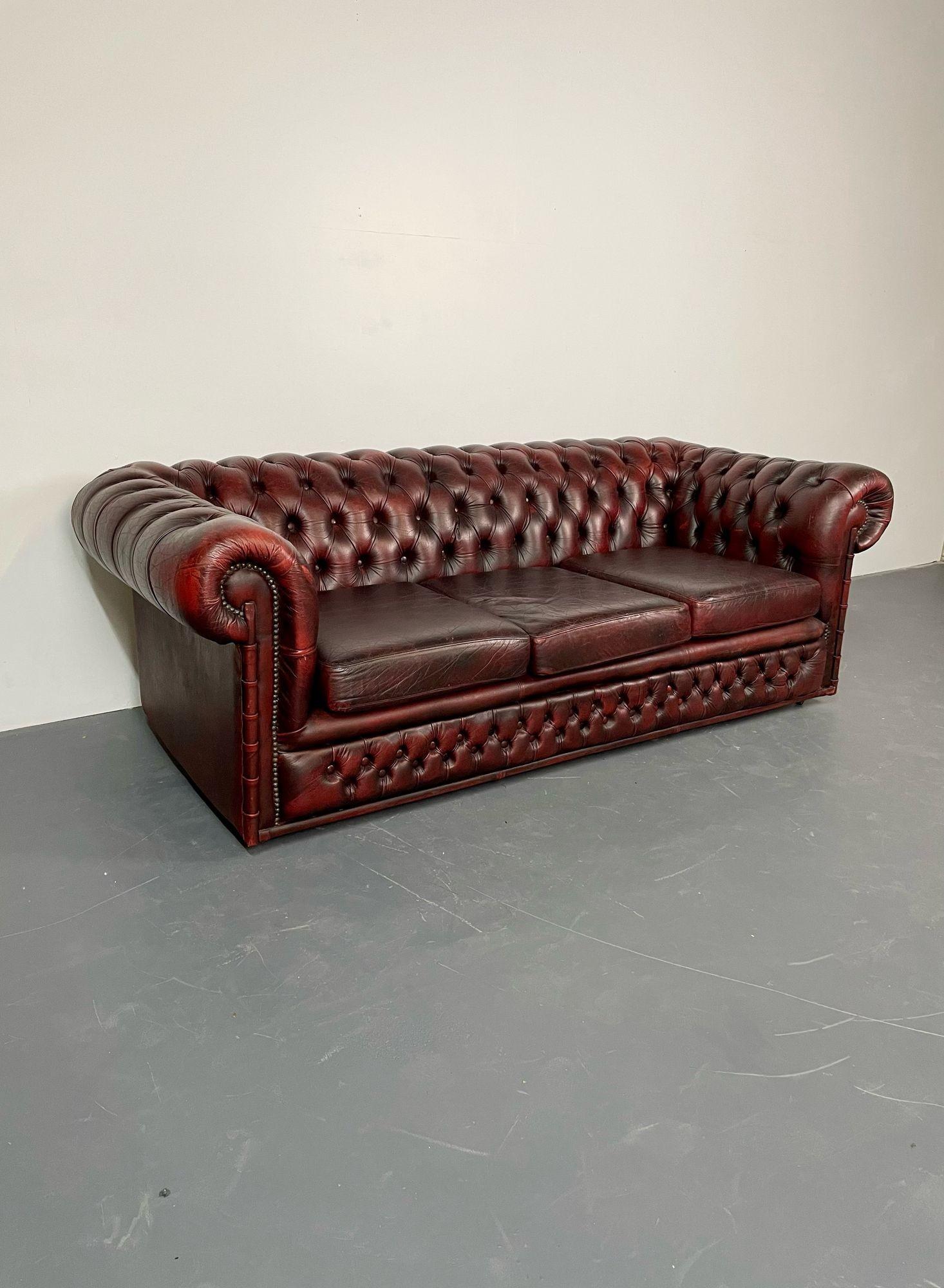 Georgian Oxblood Leather Chesterfield Sofa, Settee Faux Bamboo Front, Tufted 1