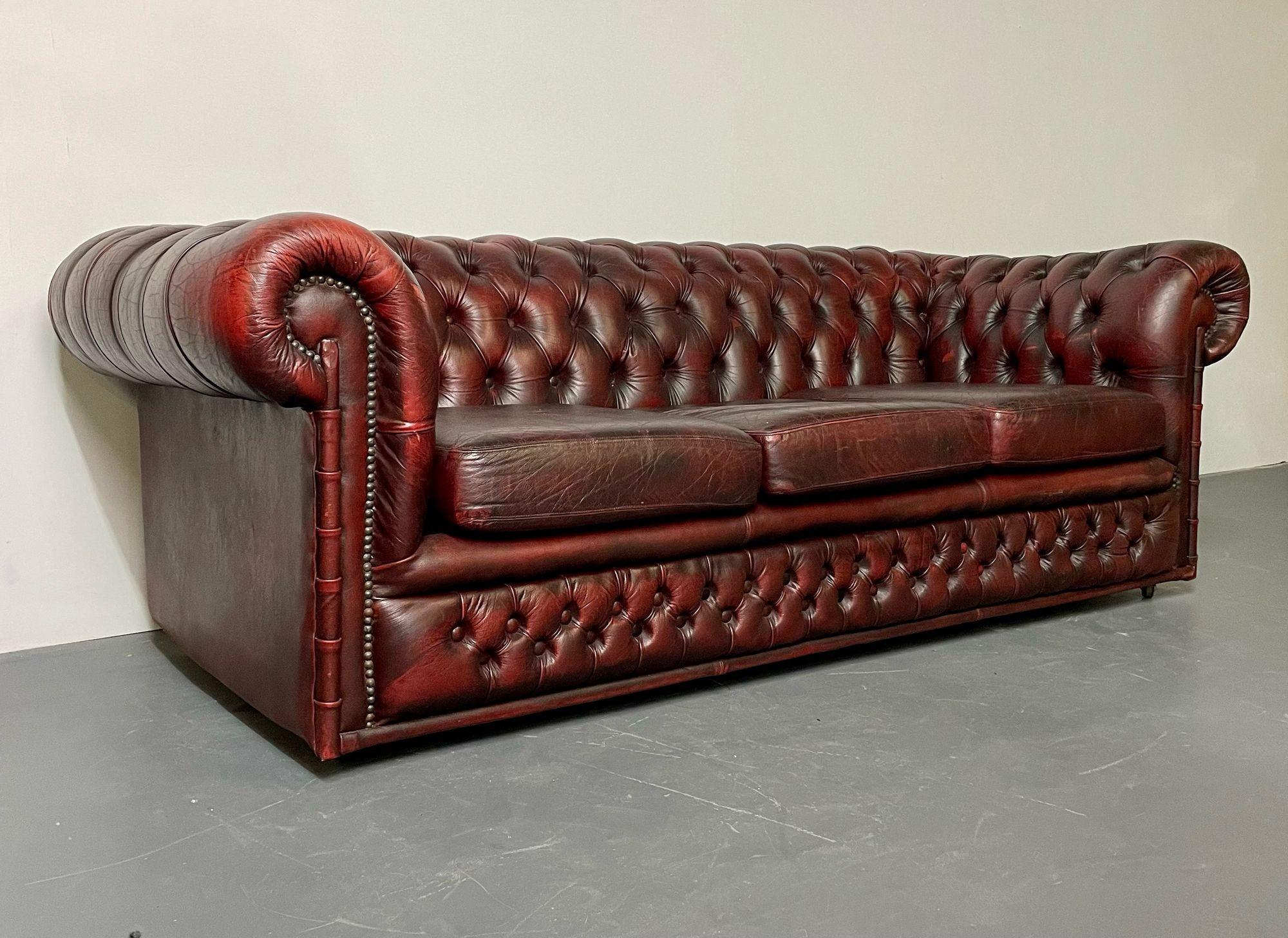 Georgian Oxblood Leather Chesterfield Sofa, Settee Faux Bamboo Front, Tufted 2