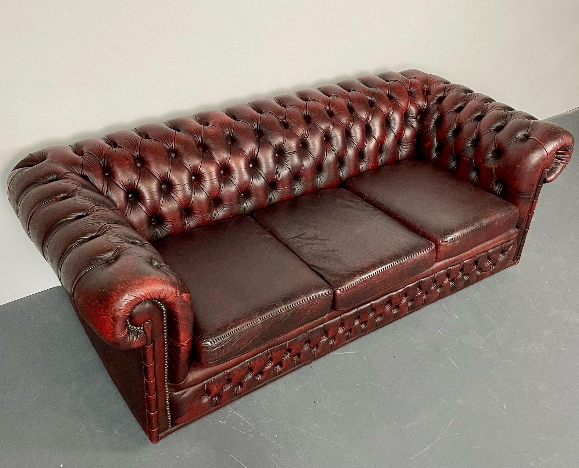 Georgian Oxblood Leather Chesterfield Sofa, Settee Faux Bamboo Front, Tufted 3
