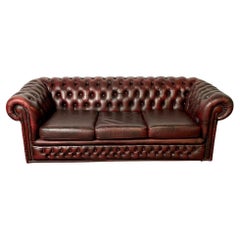 Vintage Georgian Oxblood Leather Chesterfield Sofa, Settee Faux Bamboo Front, Tufted
