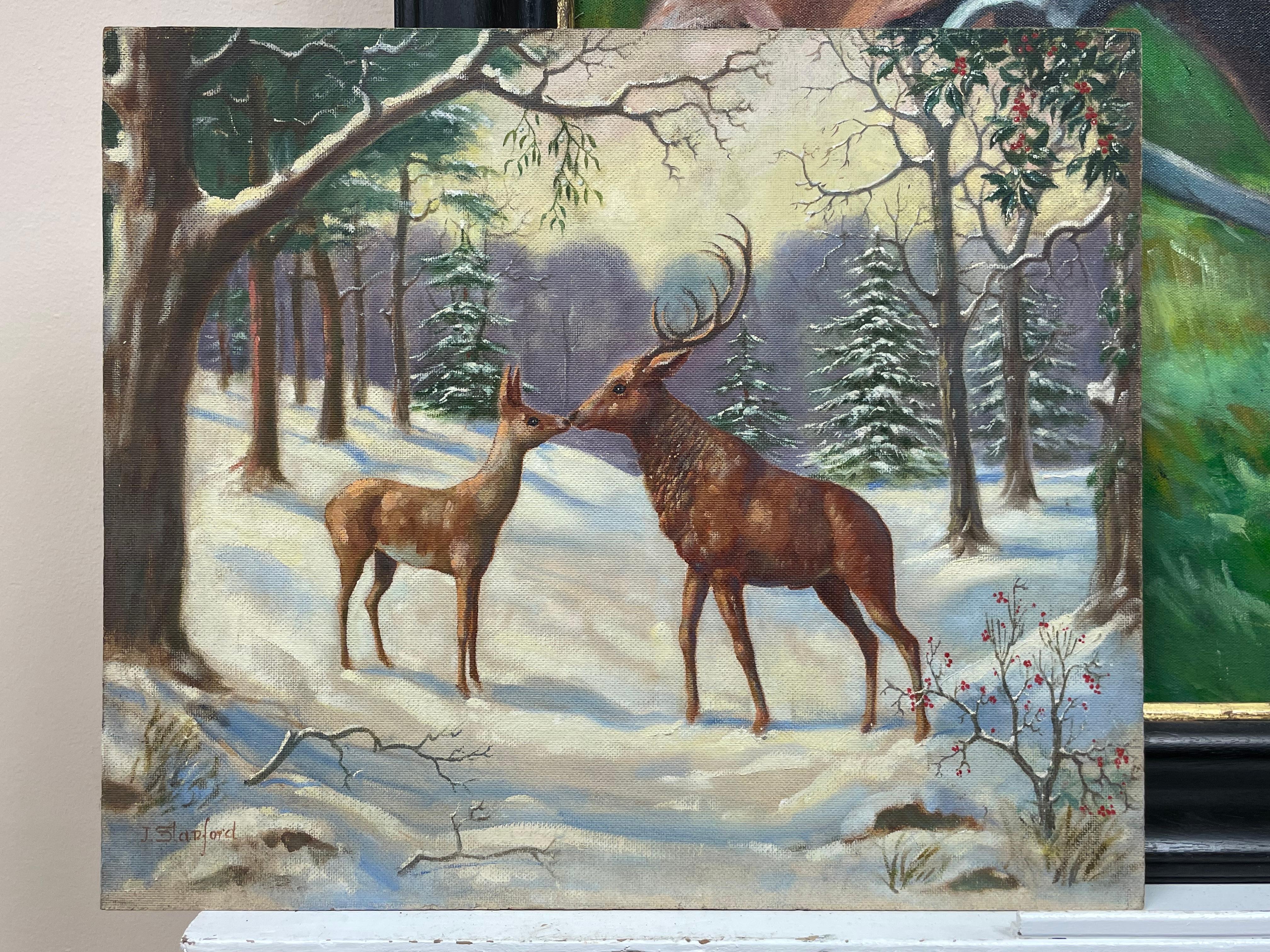 Peinture à l'huile anglaise de Noël représentant deux cerfs en neige d'hiver et Holly, signée, années 1960 - Painting de Vintage English