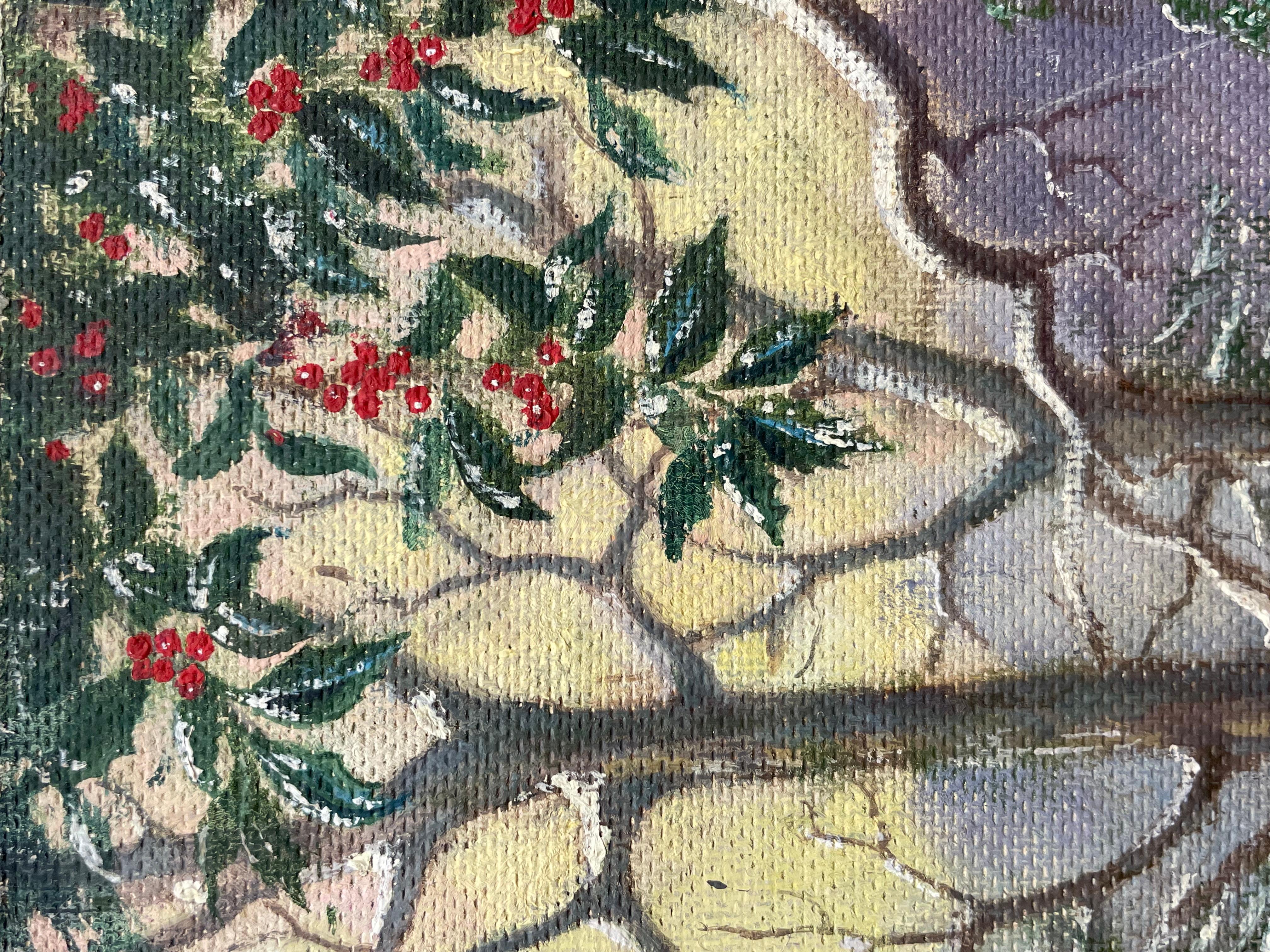 Peinture à l'huile anglaise de Noël représentant deux cerfs en neige d'hiver et Holly, signée, années 1960 en vente 1