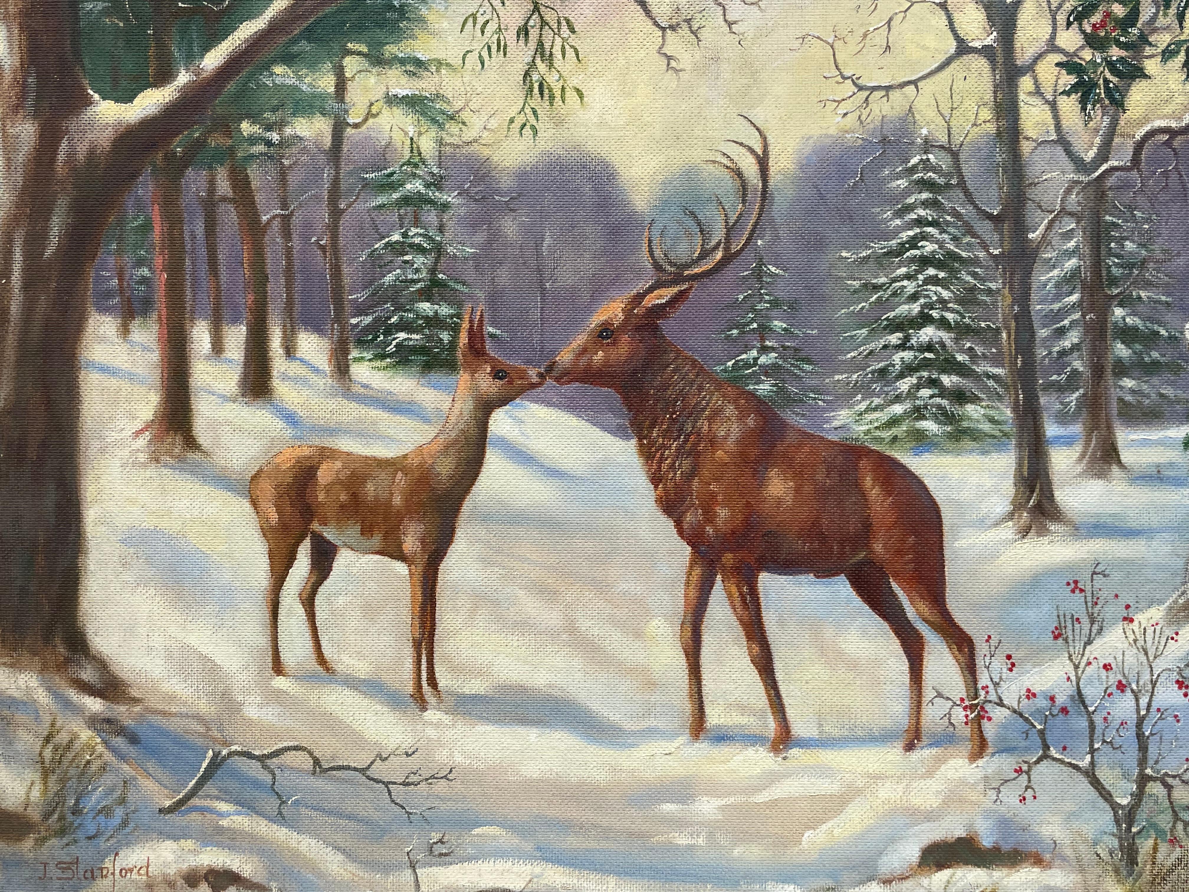 Animal Painting Vintage English - Peinture à l'huile anglaise de Noël représentant deux cerfs en neige d'hiver et Holly, signée, années 1960