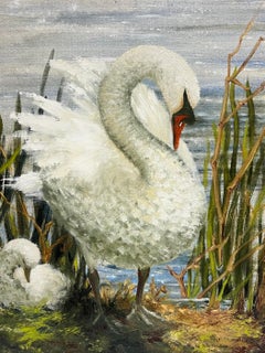 Vintage English Signed Oil Painting Portrait of a White Swan & Cygnet in Rushes