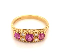 Vintage English Pink Sapphire Diamond 18K Yellow Gold Ring