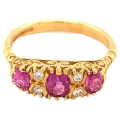 Vintage English Pink Sapphire Diamond 18K Yellow Gold Ring