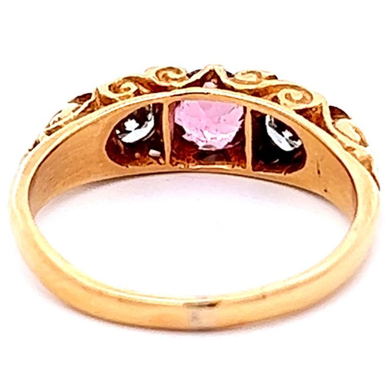 Women's or Men's Vintage English Pink Tourmaline Diamond 18 Karat Yellow Gold Three Stone Ring