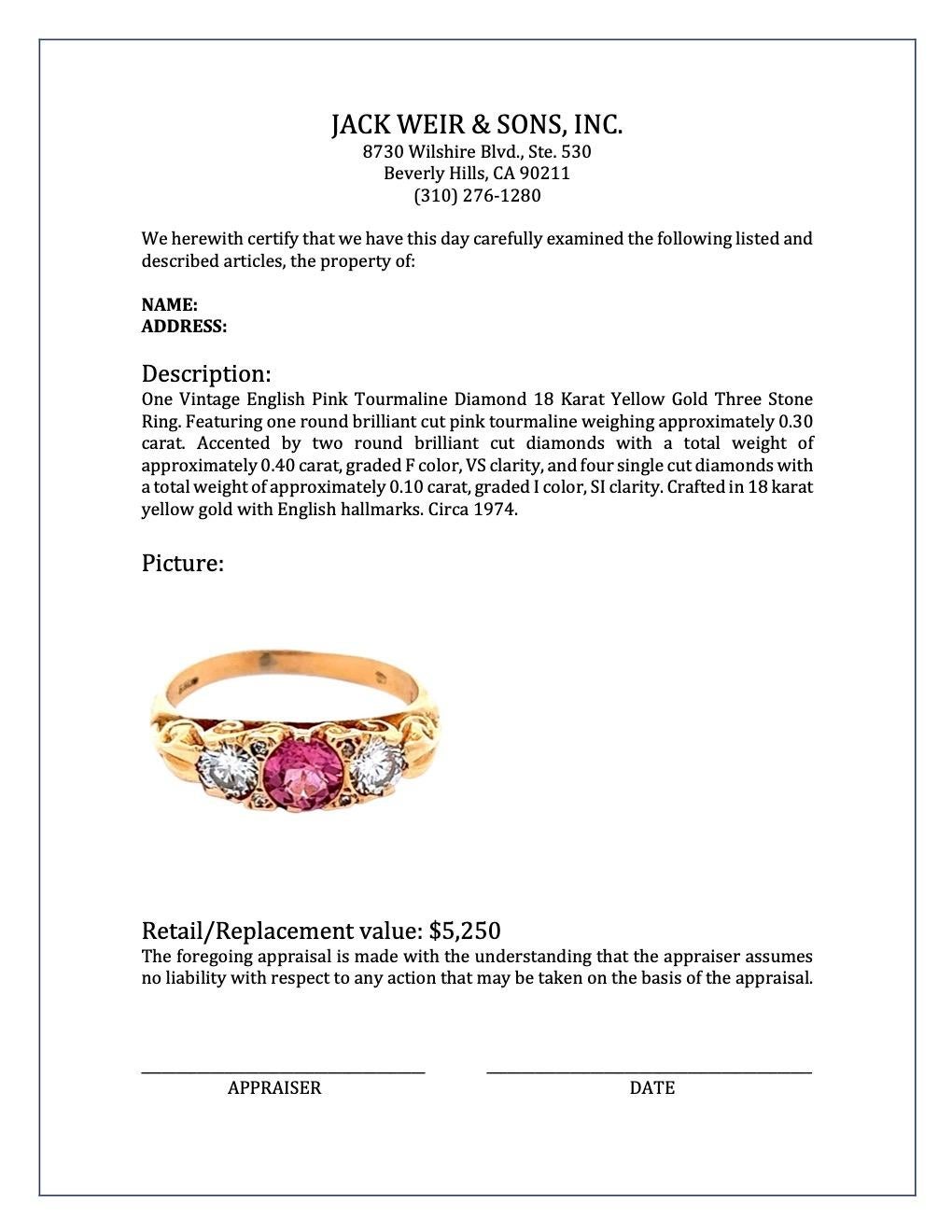 Vintage English Pink Tourmaline Diamond 18 Karat Yellow Gold Three Stone Ring 1