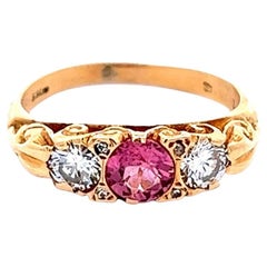 Vintage English Pink Tourmaline Diamond 18 Karat Yellow Gold Three Stone Ring