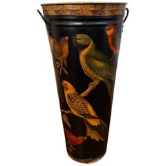 Vintage English Planter Jardiniere Urn Bird Decoupage Black Tole Aviary Décor