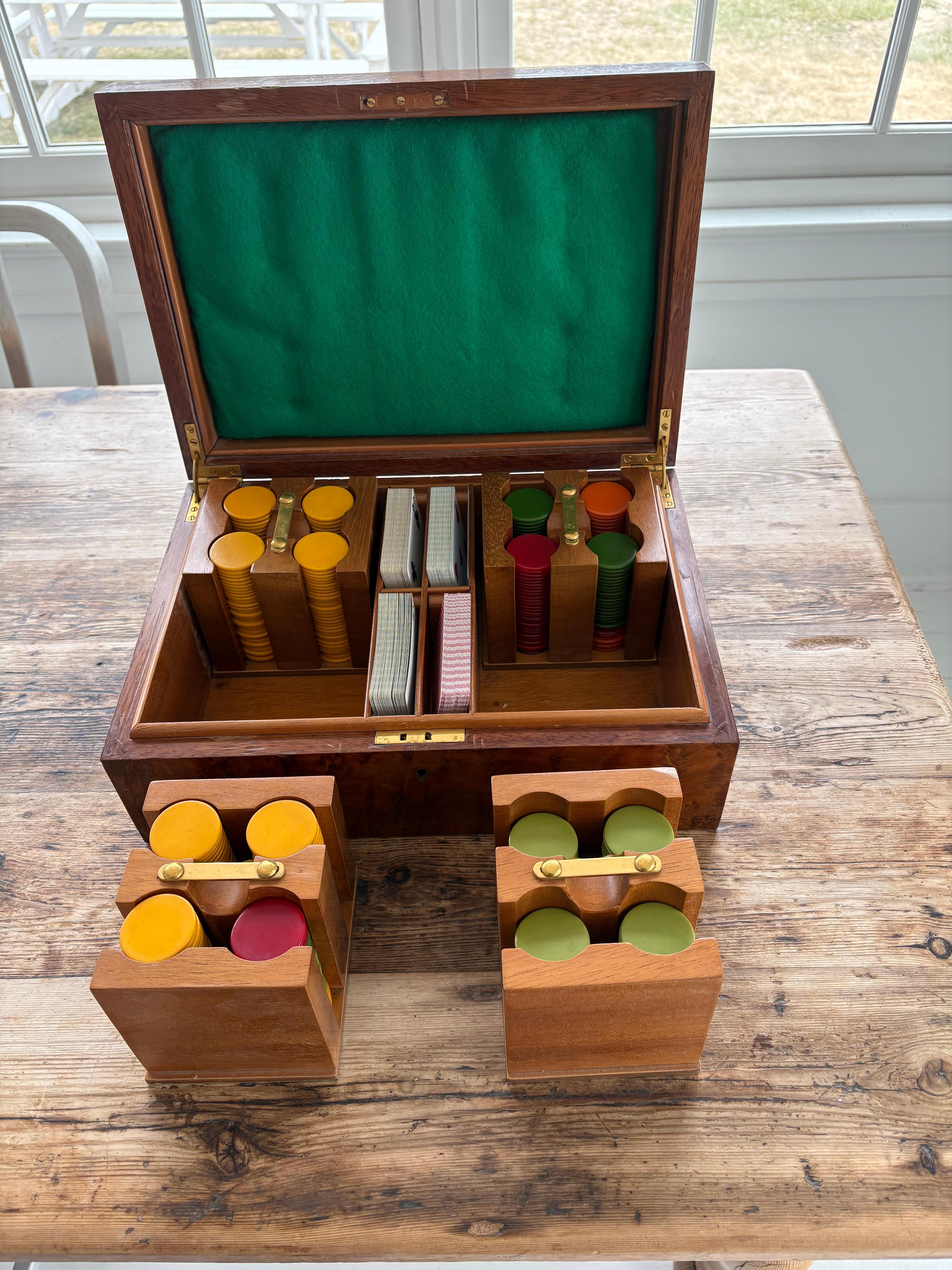 Vintage English Poker Game Set in a Burl Box For Sale 5