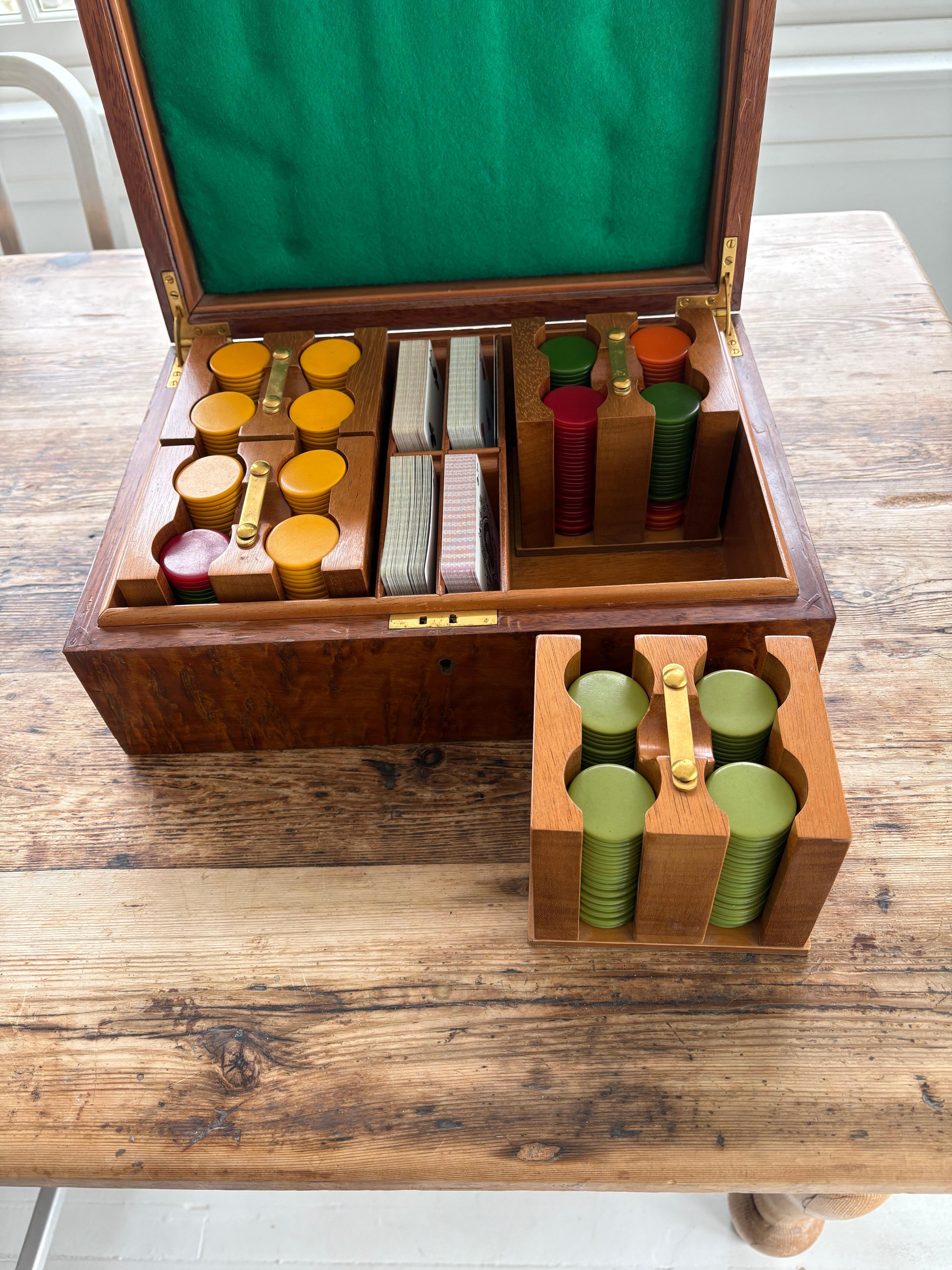 Vintage English Poker Game Set in a Burl Box For Sale 6