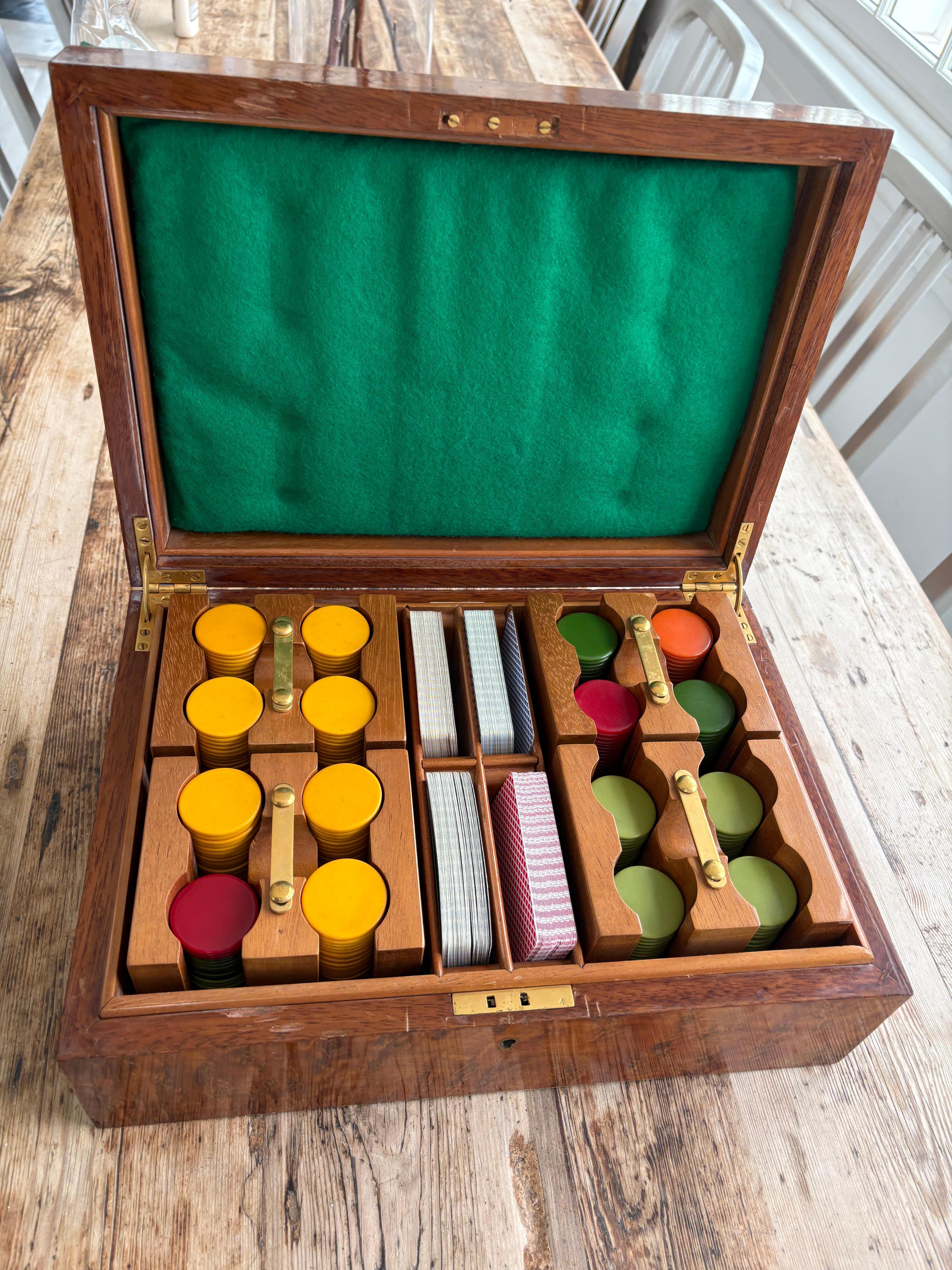 Vintage English Poker Game Set in a Burl Box For Sale 7