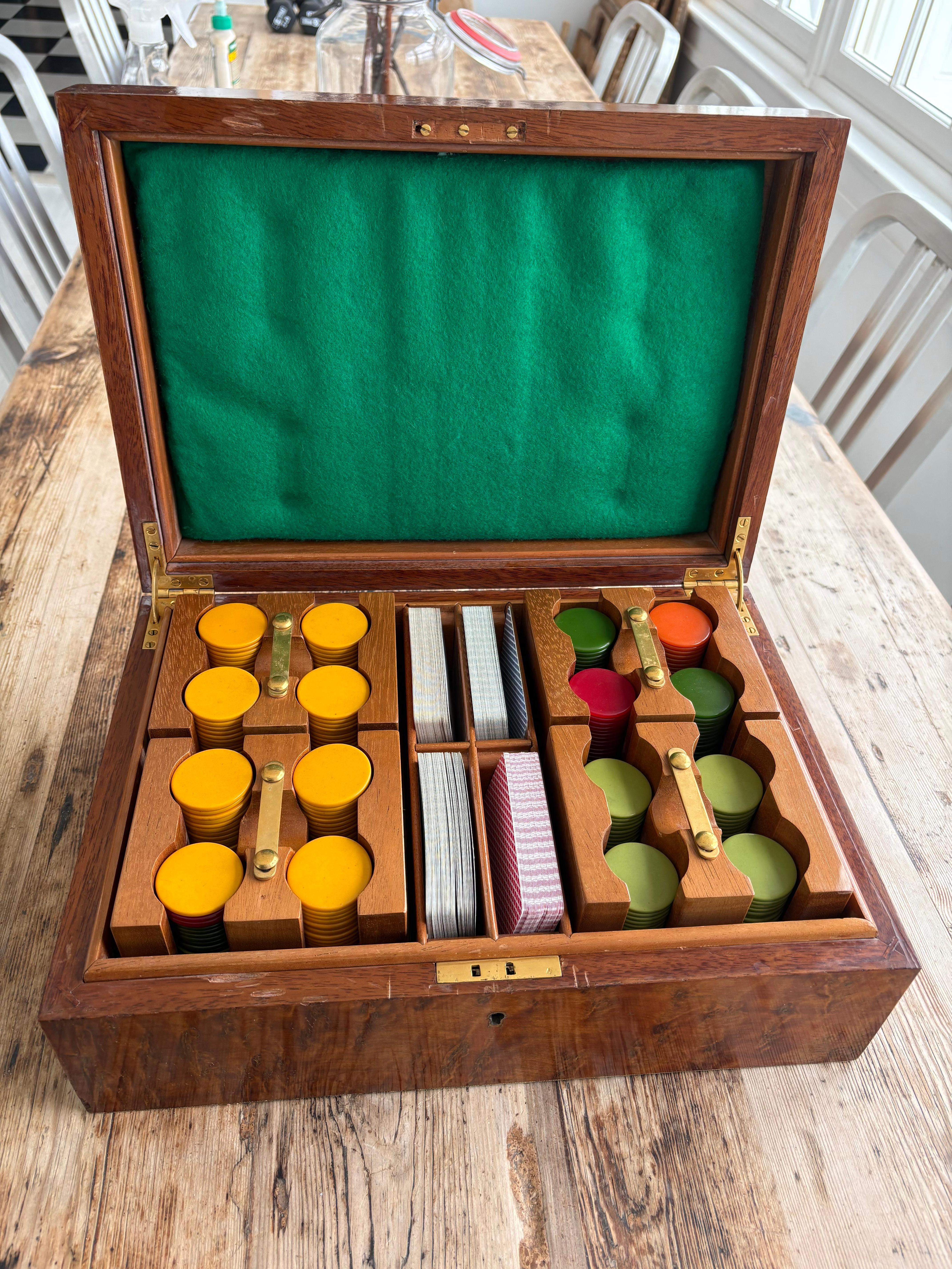 Art Deco Vintage English Poker Game Set in a Burl Box For Sale