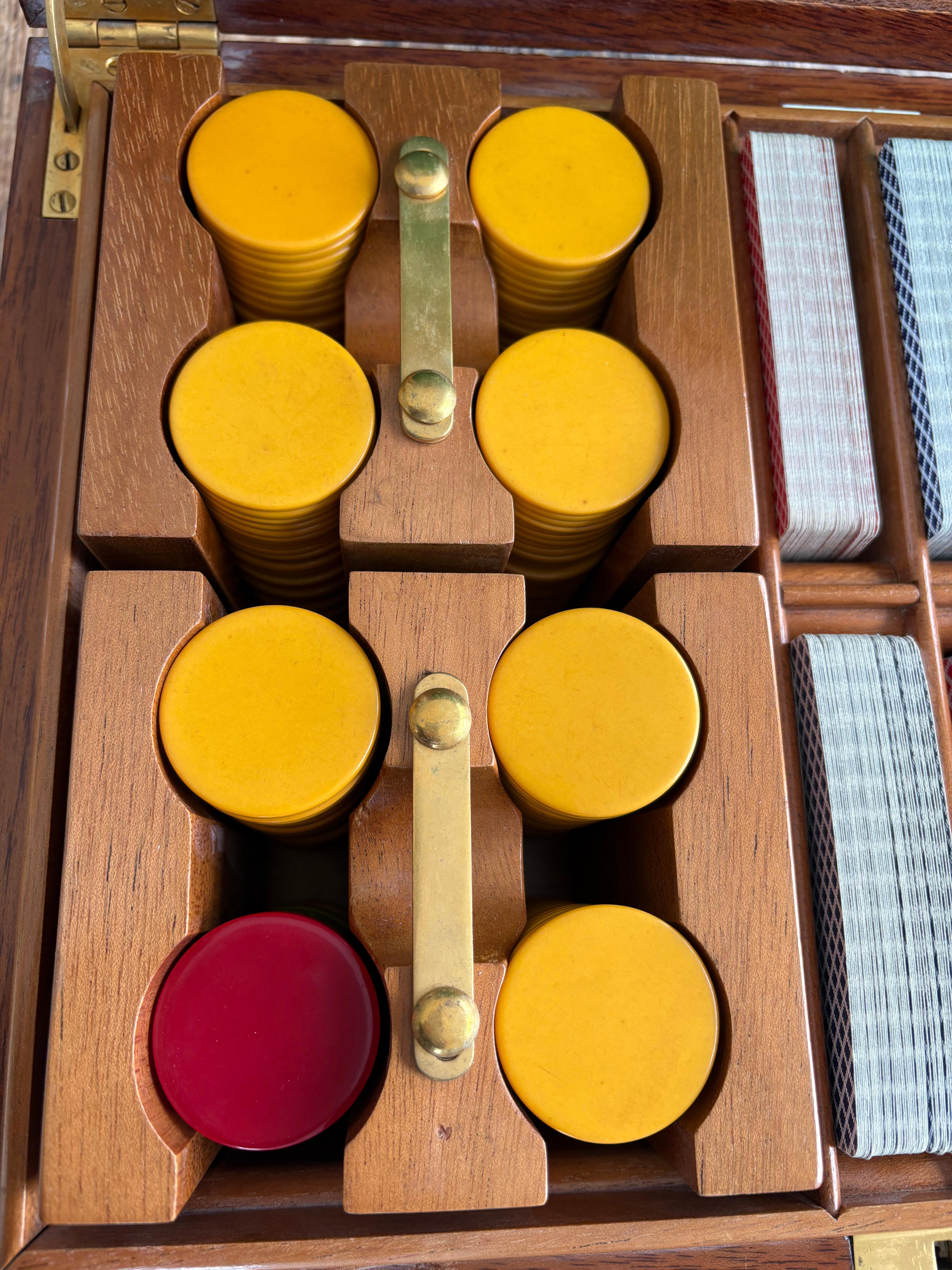 20th Century Vintage English Poker Game Set in a Burl Box For Sale