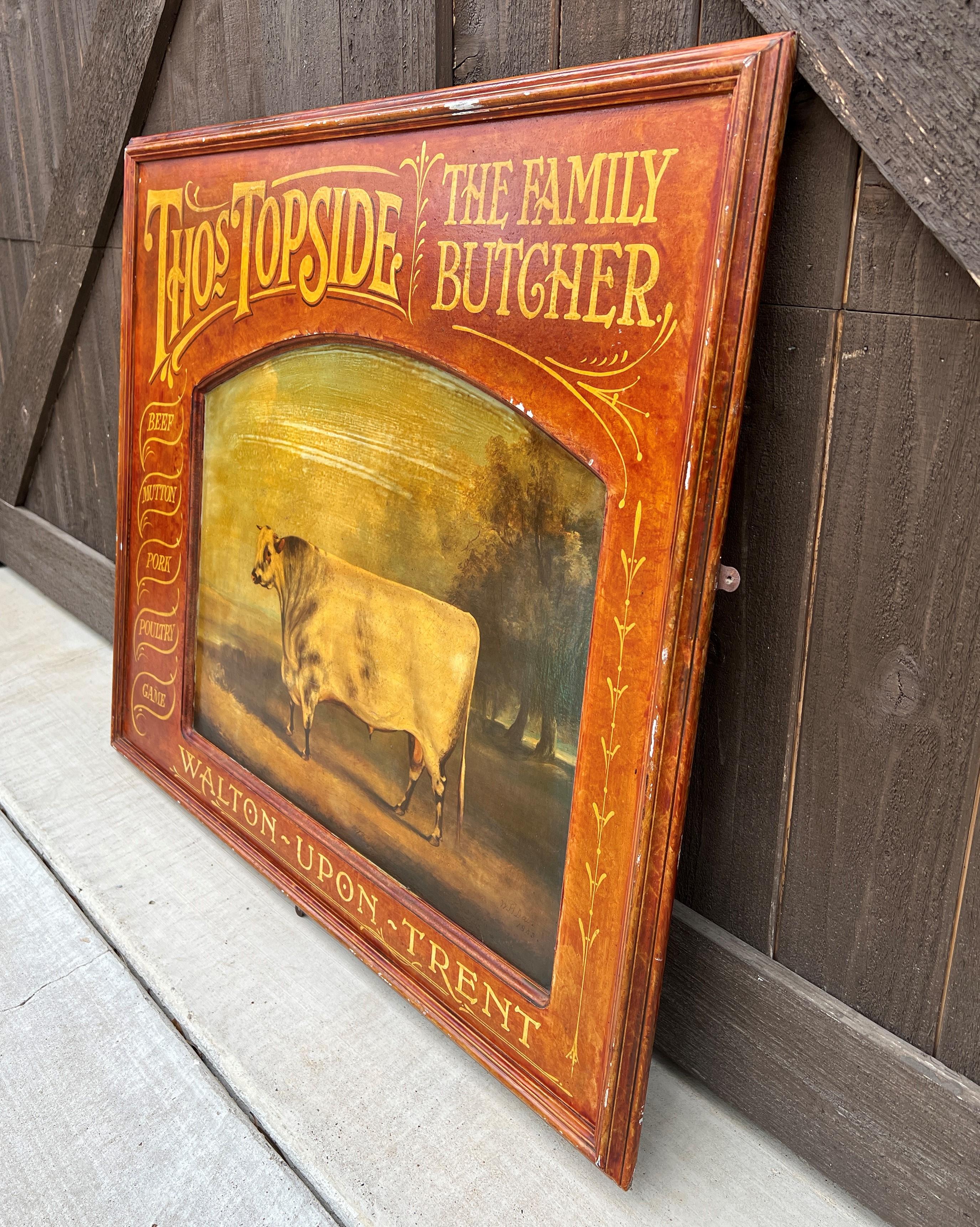 Vintage English Pub Bar Deli Sign Family Butcher Oil Onboard Signed WH Davis1843 In Good Condition In Tyler, TX