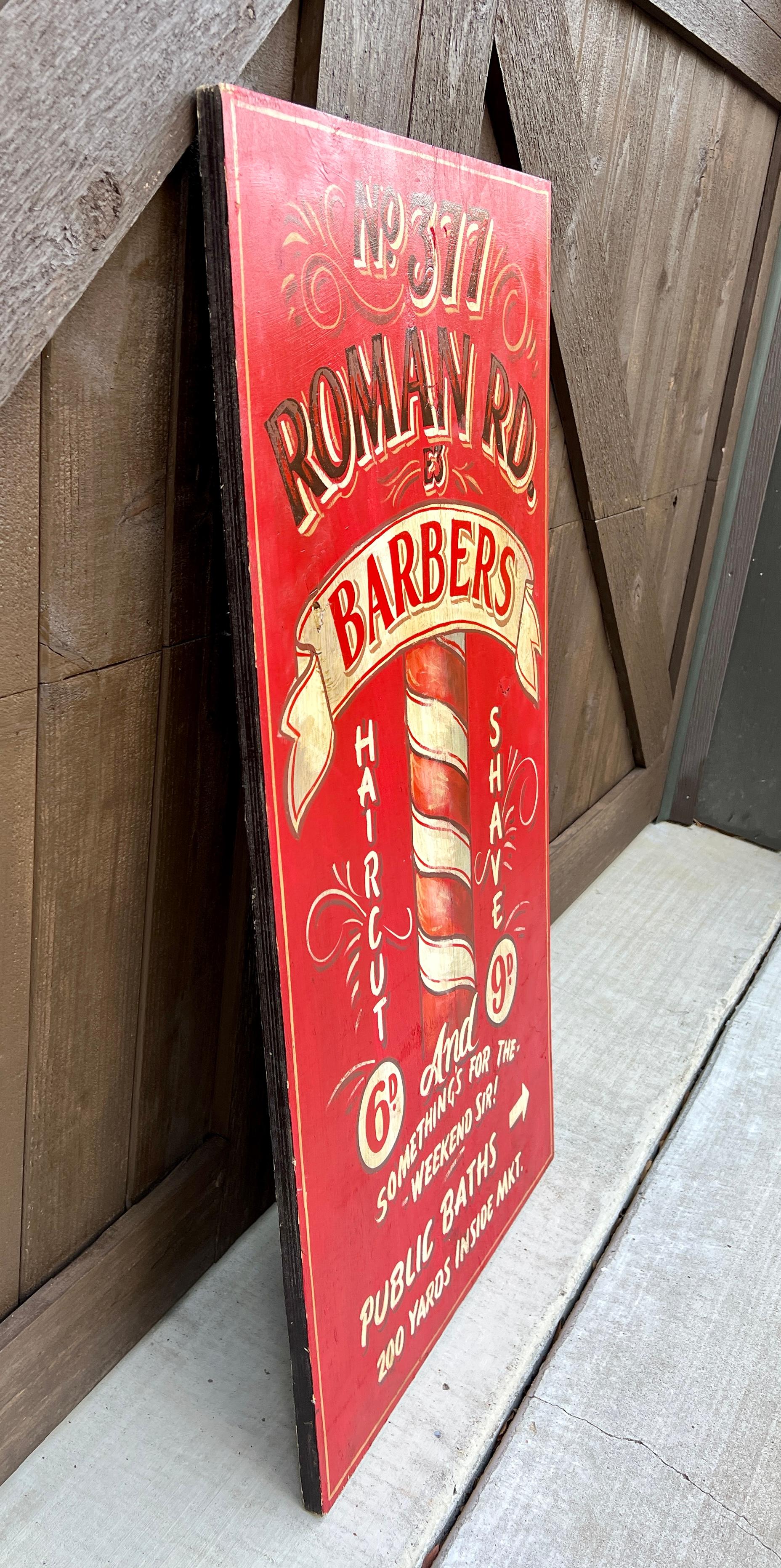 Painted Vintage English Pub Sign Artwork Barber Sign and Public Baths For Sale