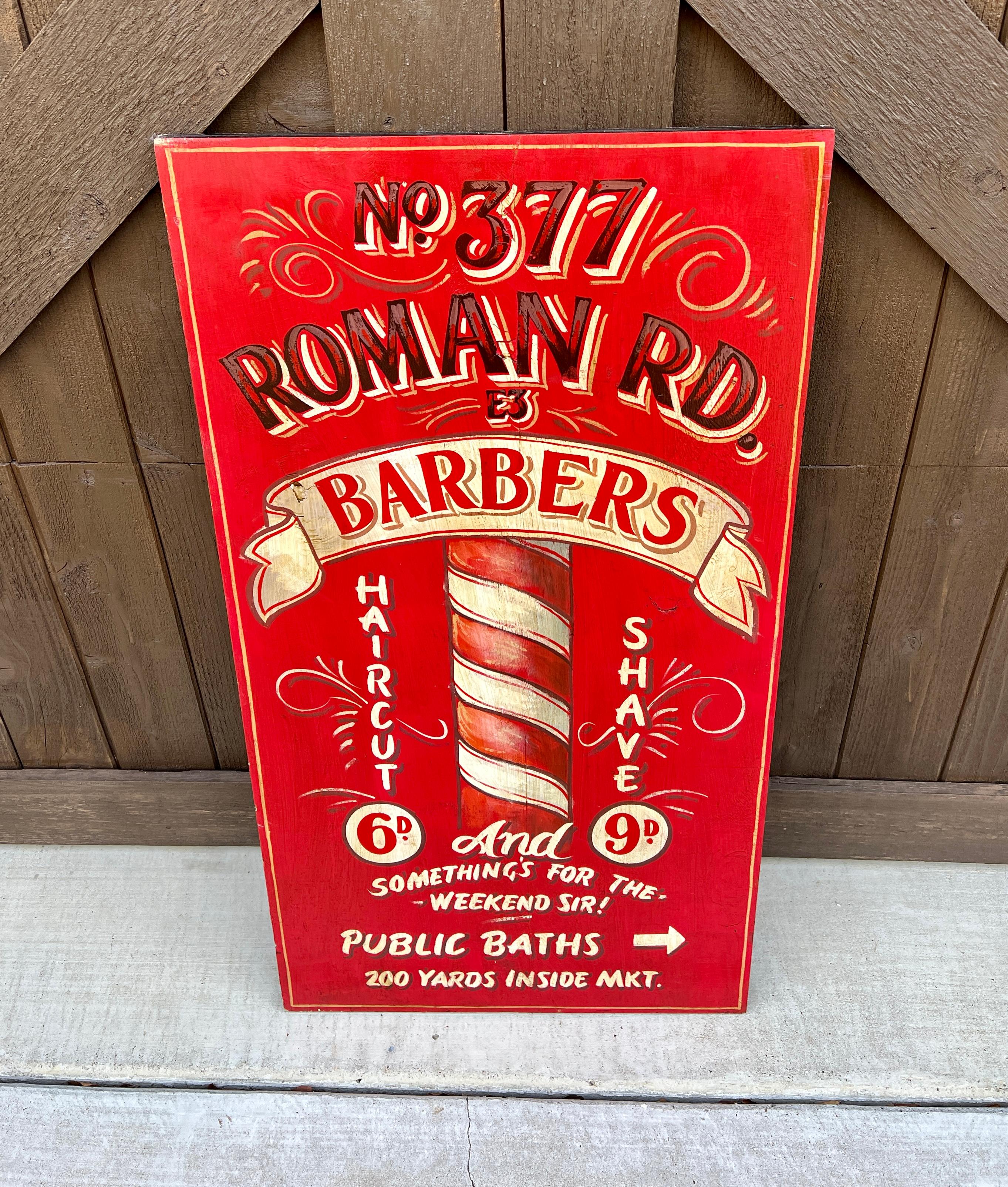 20th Century Vintage English Pub Sign Artwork Barber Sign and Public Baths For Sale
