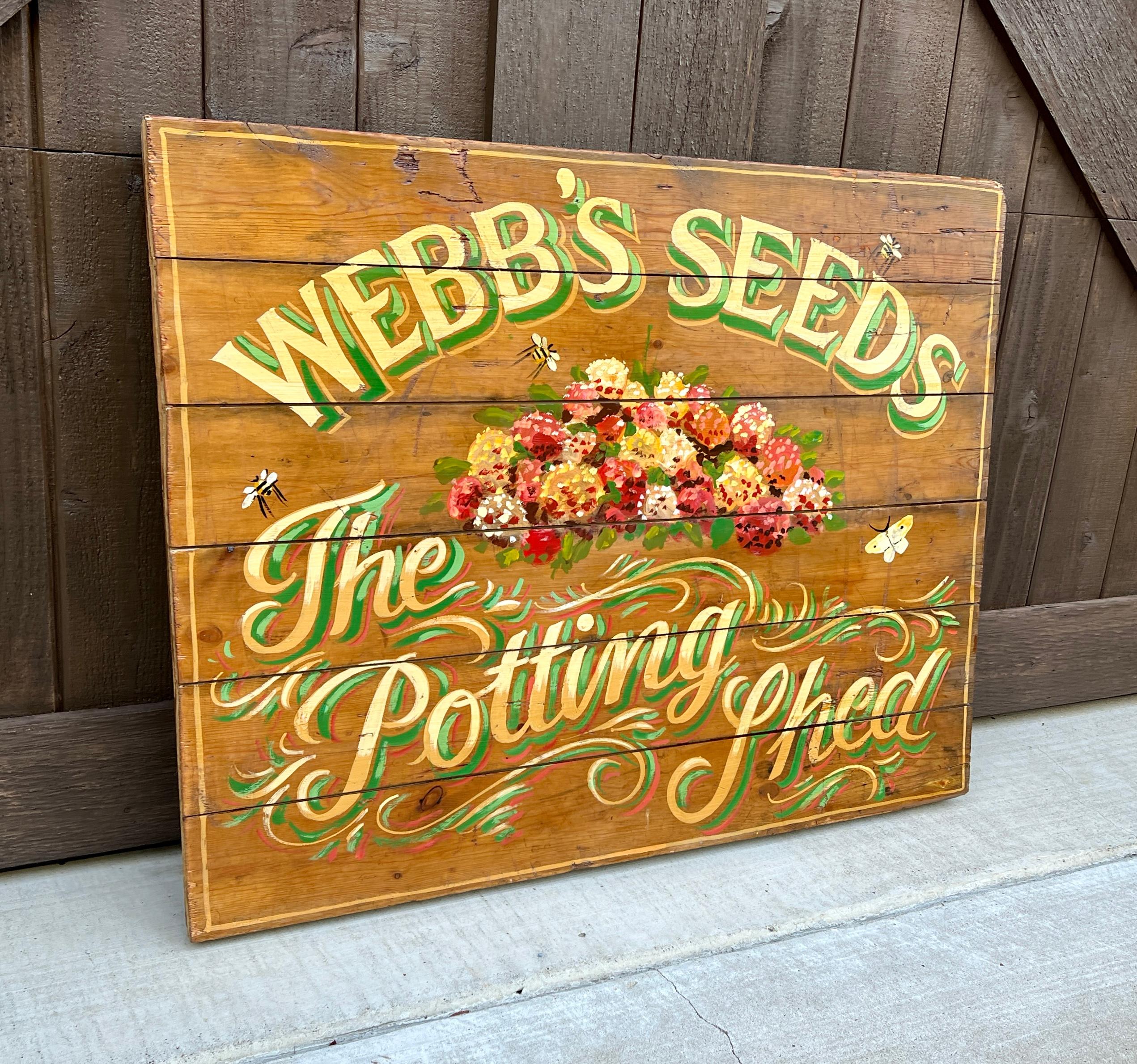 Sporting Art Signe de pub anglaise intitulée « Webb's Seeds The Potting Shed » en vente