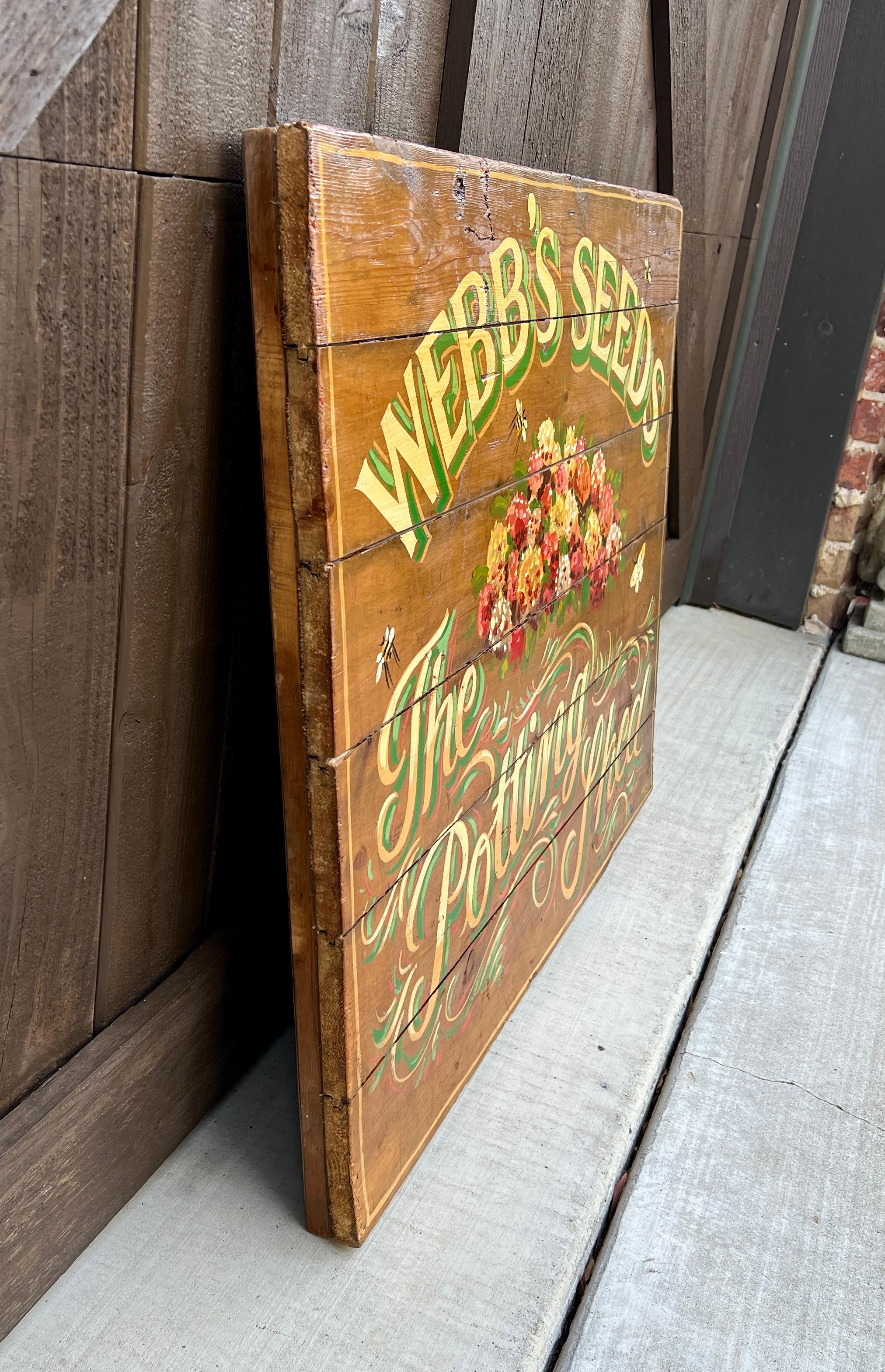 Anglais Signe de pub anglaise intitulée « Webb's Seeds The Potting Shed » en vente