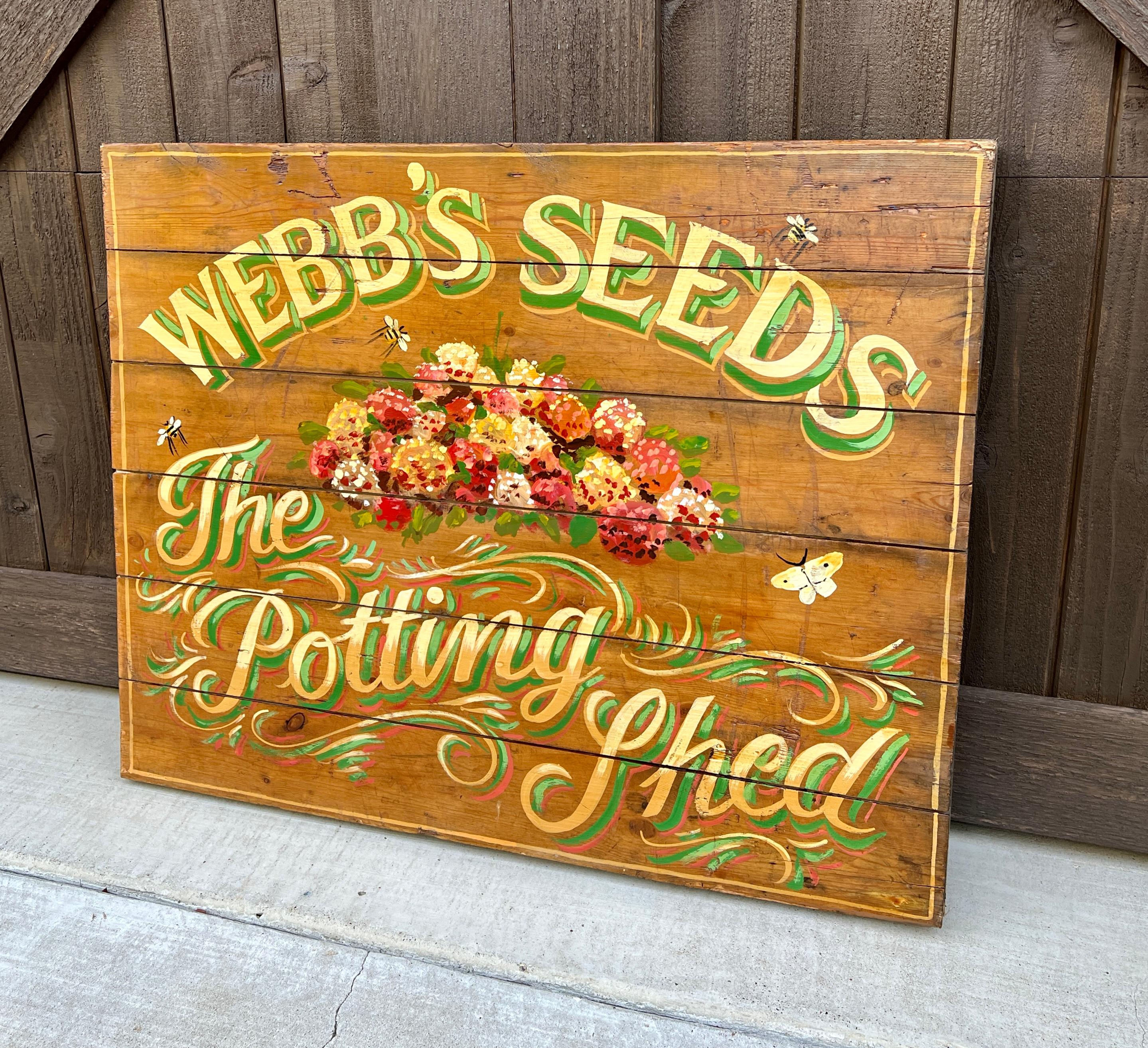 Peint Signe de pub anglaise intitulée « Webb's Seeds The Potting Shed » en vente