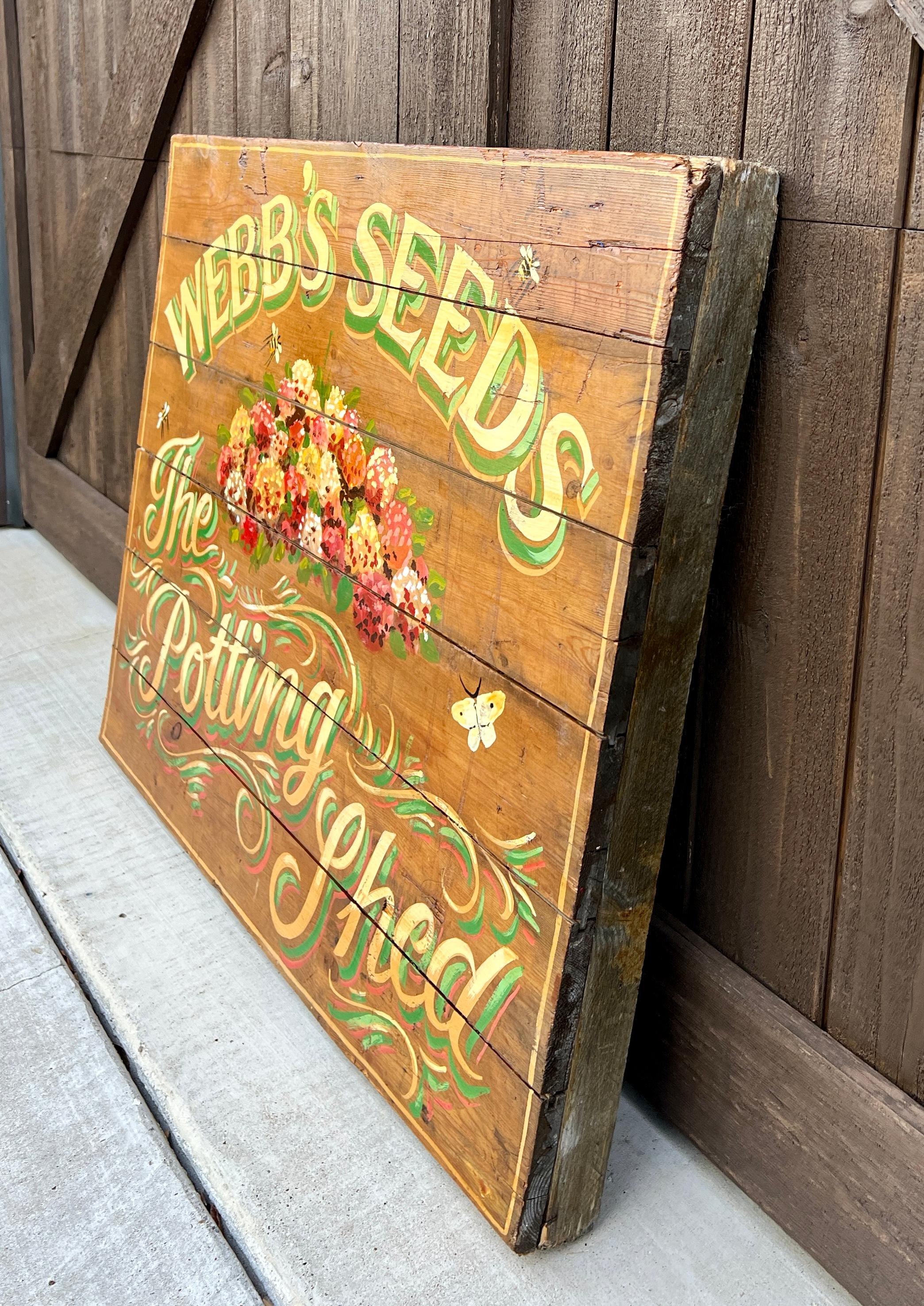 Signe de pub anglaise intitulée « Webb's Seeds The Potting Shed » Bon état - En vente à Tyler, TX