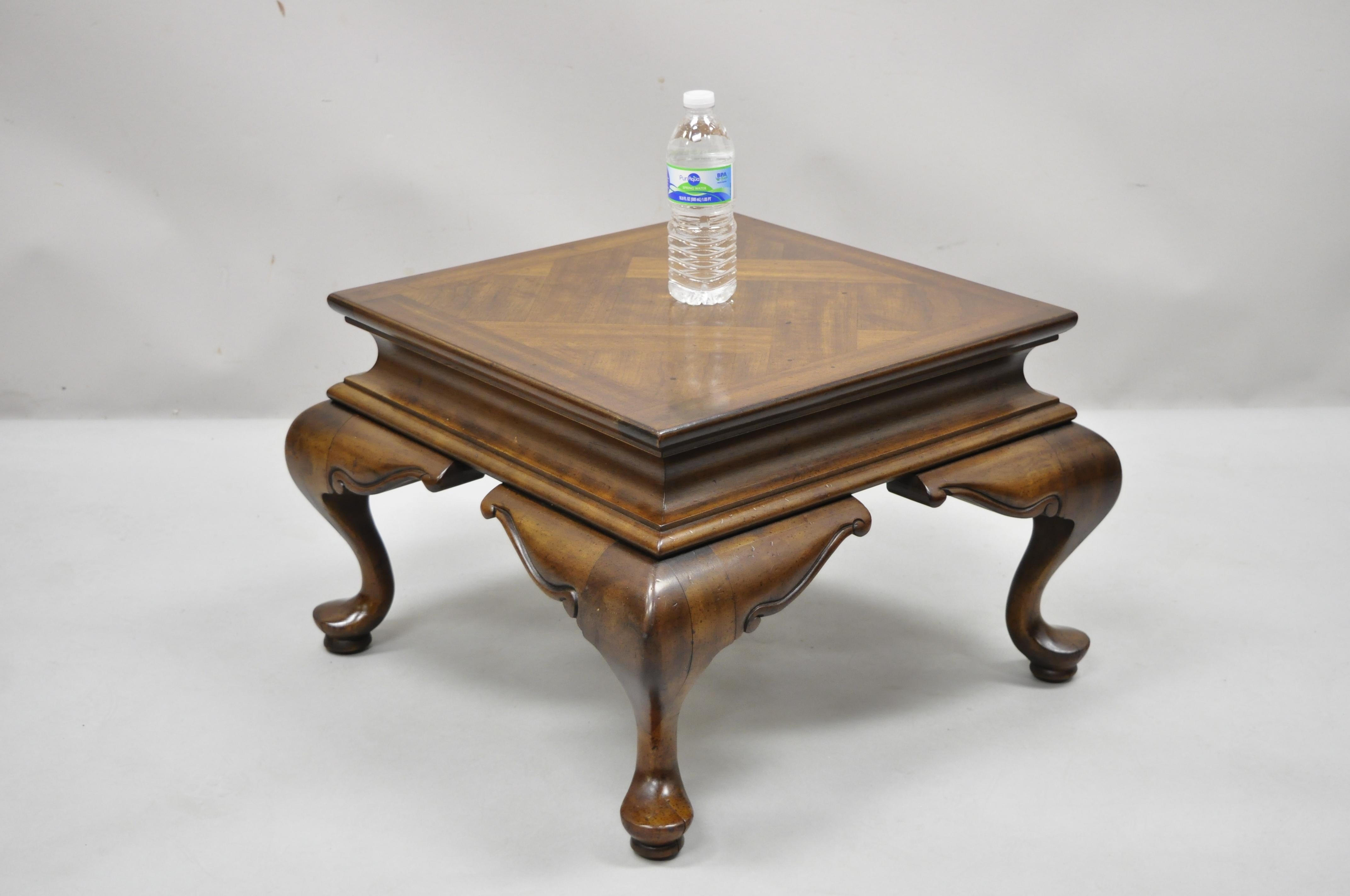 North American Vintage English Queen Anne Low Parquetry Inlay Pedestal Stand Side Table