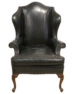 Vintage English Queen Anne Style Black Leather Rolled Arm Wing Back Chairs