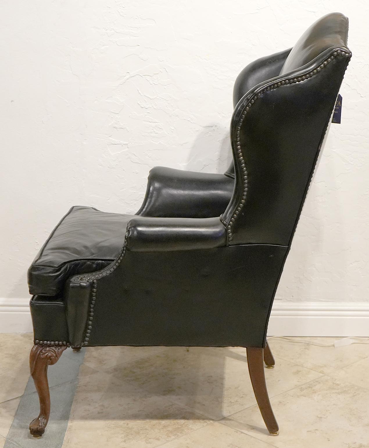 Vintage English Queen Anne Style Black Leather Rolled Arm Wing Back Chairs In Good Condition In Ft. Lauderdale, FL
