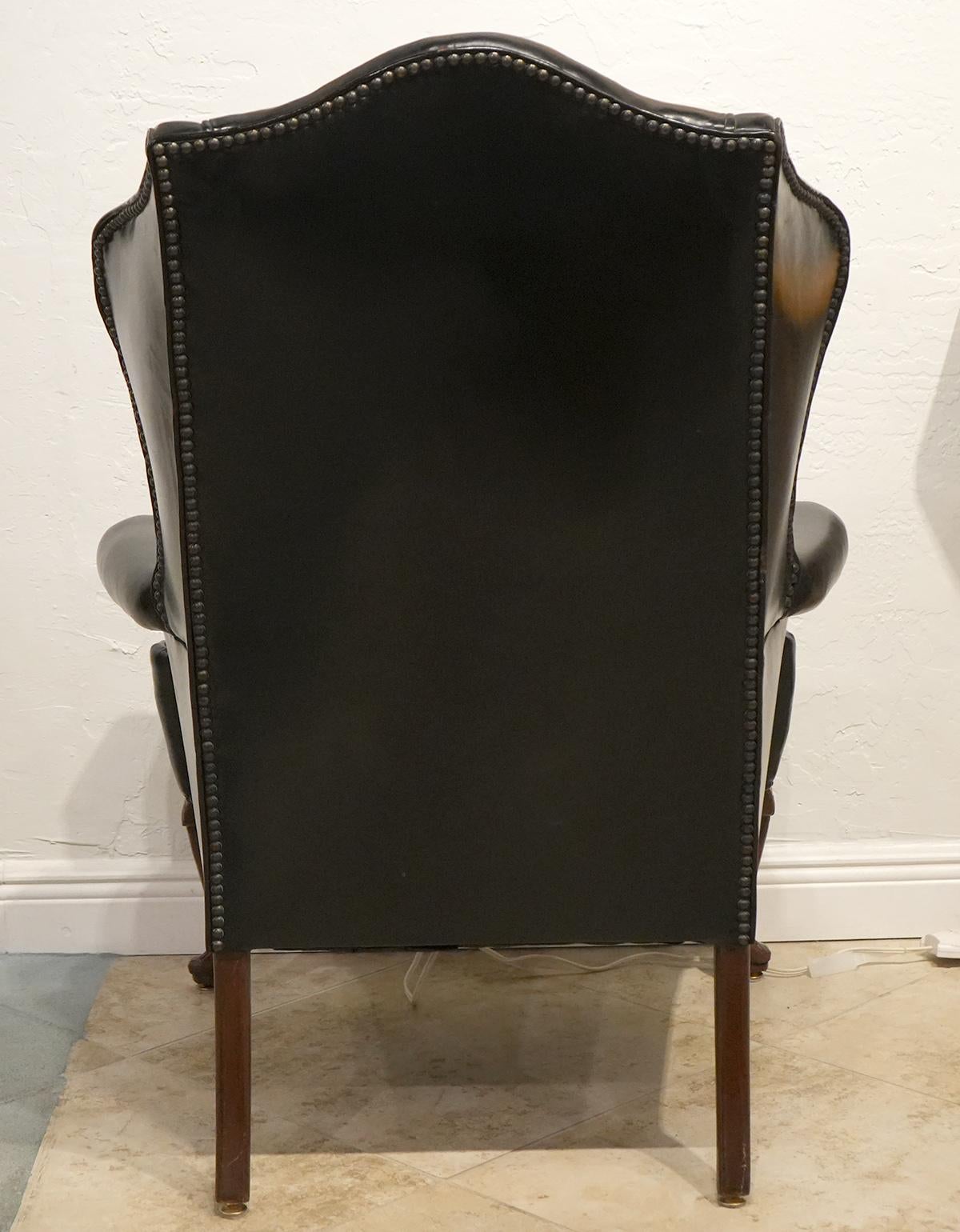 20th Century Vintage English Queen Anne Style Black Leather Rolled Arm Wing Back Chairs