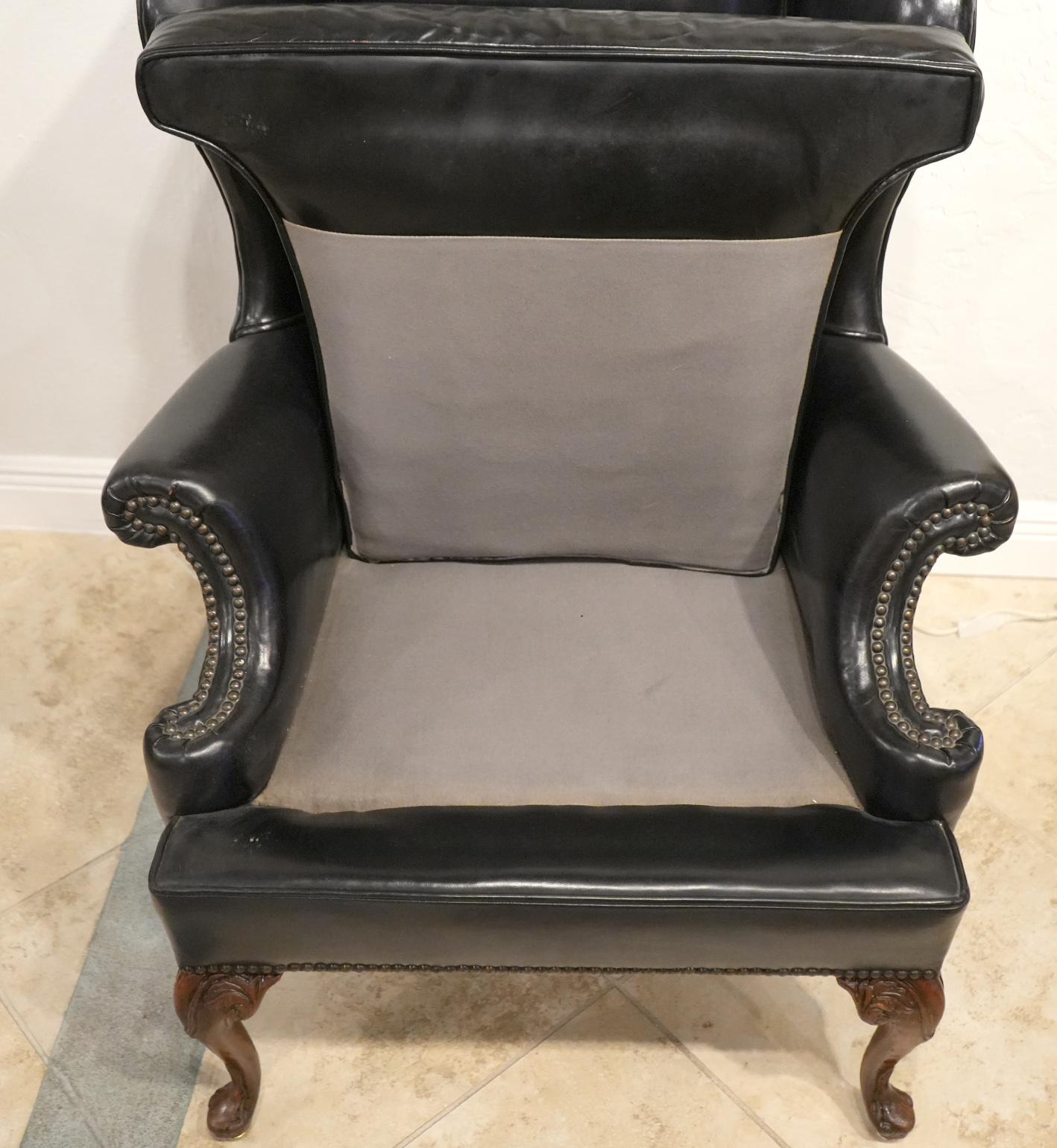 Brass Vintage English Queen Anne Style Black Leather Rolled Arm Wing Back Chairs