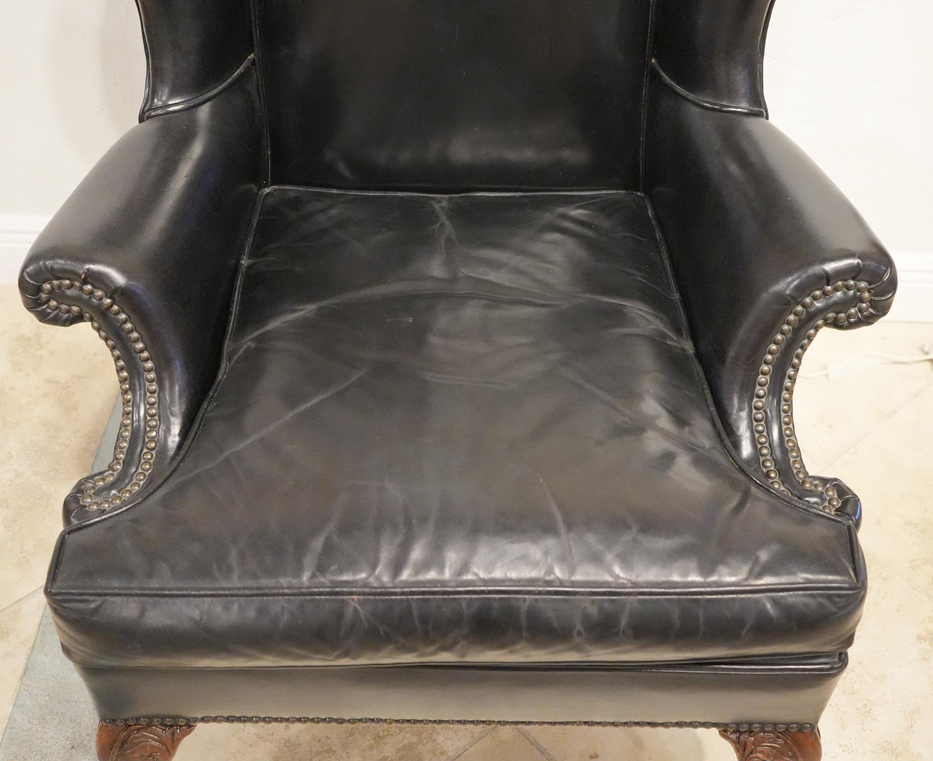 Vintage English Queen Anne Style Black Leather Rolled Arm Wing Back Chairs 1