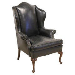 Vintage English Queen Anne Style Black Leather Rolled Arm Wing Back Chairs