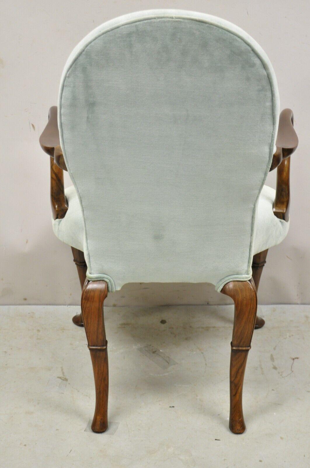 Vintage English Queen Anne Style Mahogany & Walnut Gooseneck Blue Arm Chair For Sale 4