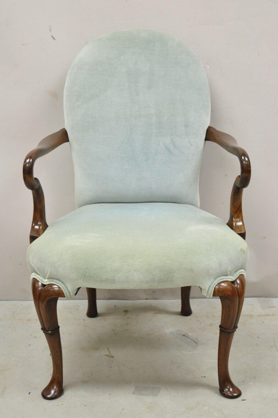 Vintage English Queen Anne Style Walnut Gooseneck Blue Arm Chair. Item features a solid mahogany and walnut wood frame, shapely Queen Anne legs, blue upholstery, beautiful wood grain. Circa Mid 20th Century. Measurements: 37
