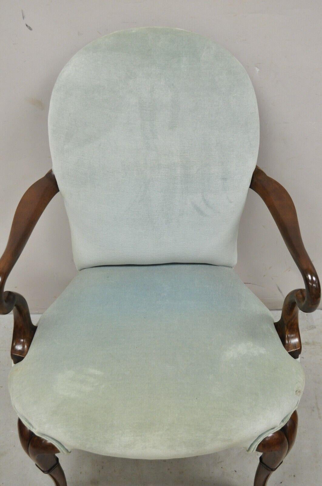20th Century Vintage English Queen Anne Style Mahogany & Walnut Gooseneck Blue Arm Chair For Sale