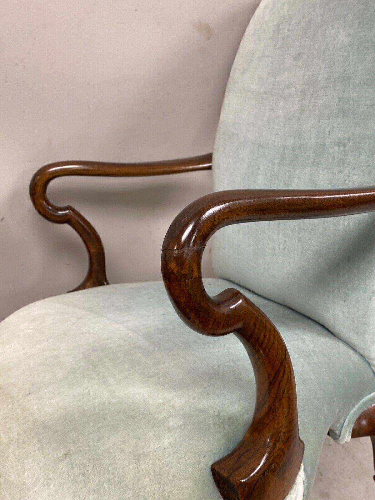 Vintage English Queen Anne Style Mahogany & Walnut Gooseneck Blue Arm Chair For Sale 1