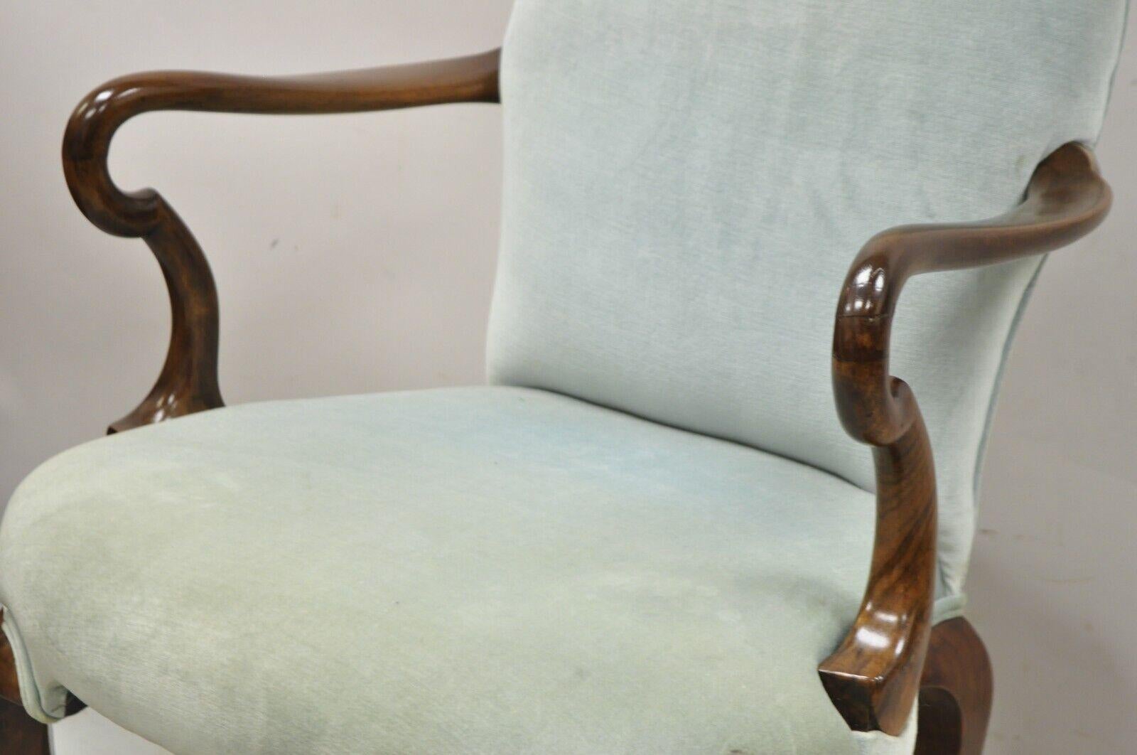 Vintage English Queen Anne Style Mahogany & Walnut Gooseneck Blue Arm Chair For Sale 2