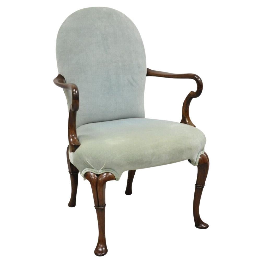 Vintage English Queen Anne Style Mahogany & Walnut Gooseneck Blue Arm Chair For Sale