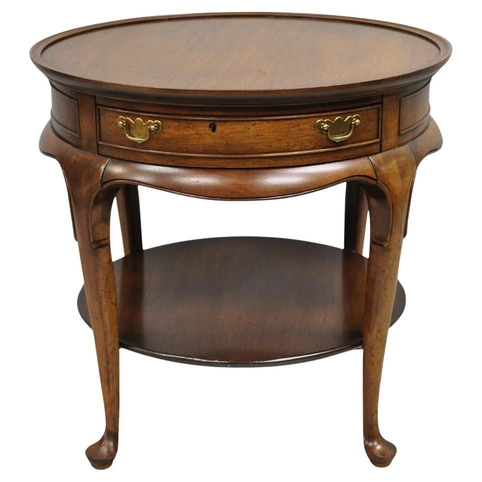Vintage English Queen Anne Style Round Walnut Wood Lamp Side Table by Hekman