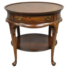 Vintage English Queen Anne Style Round Walnut Wood Lamp Side Table by Hekman