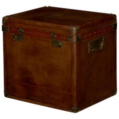 Vintage English Raw Patinated Leather Brass-Mounted Travel Trunk