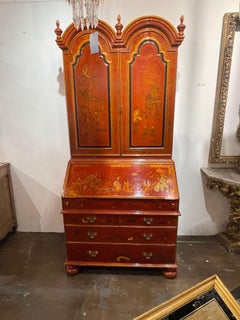 Vintage English Red and Black Chinoiserie Decorated Secretary