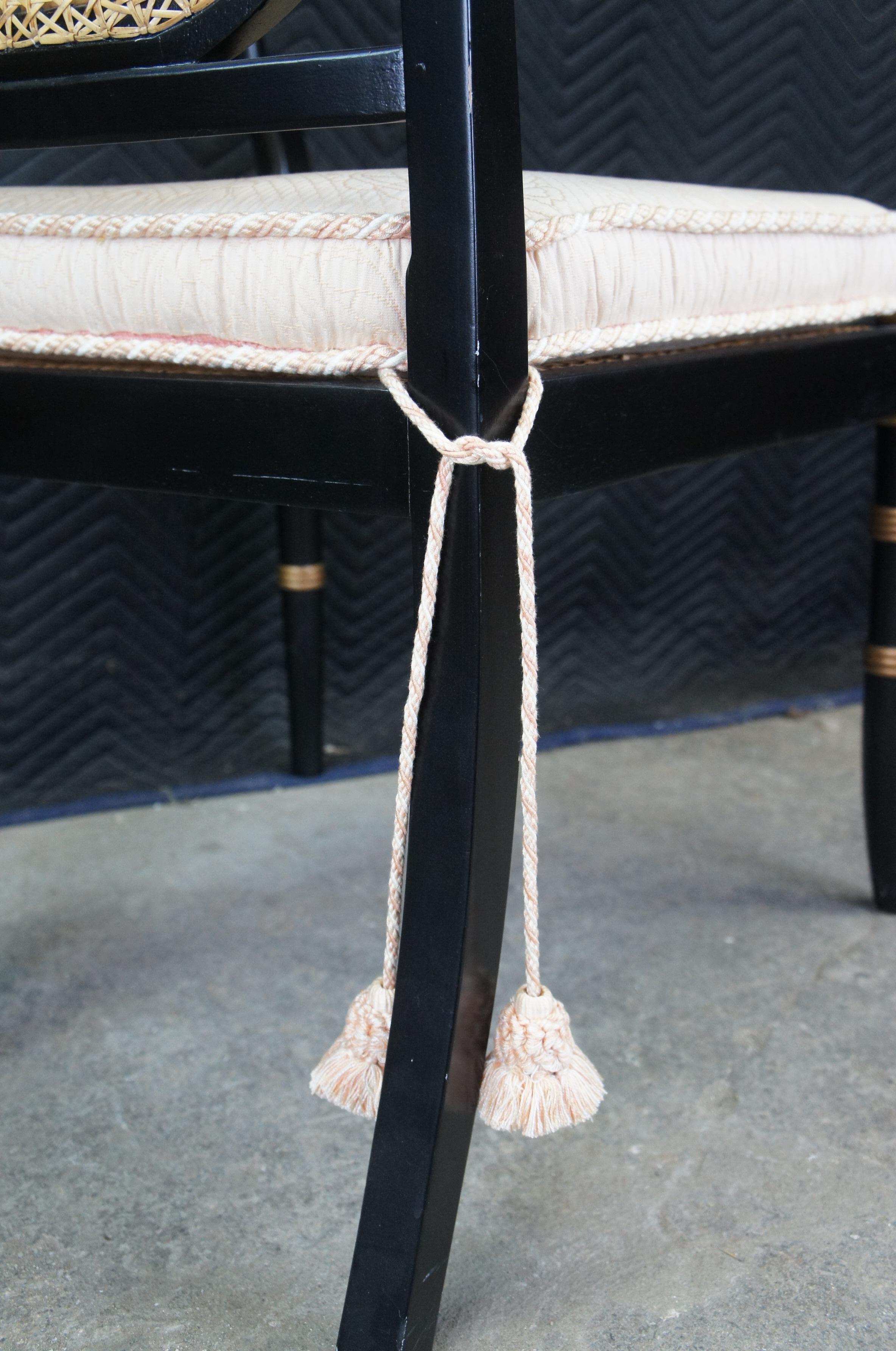 Vintage English Regency Black Lacquer & Gold Painted Occasional Caned Arm Chair For Sale 8